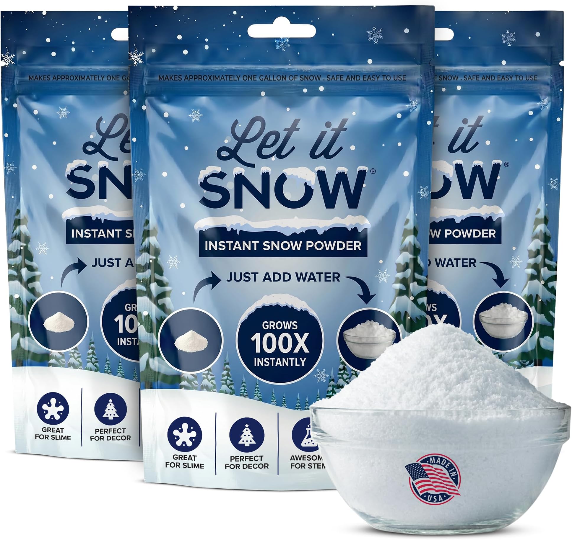 Let it Snow Instant Snow Powder | Made in The USA Premium Fake Artificial Snow | Great for Holiday Snow Decorations and Slime | Makes 3 Gallons