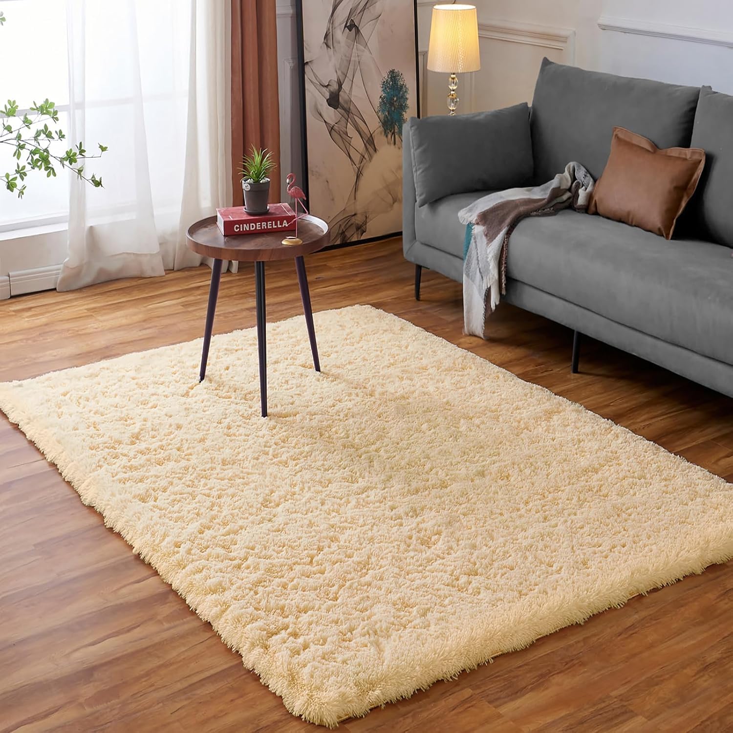 Ceneco Fluffy Rugs Living Room, Small Beige Rugs for Bedroom Washable Non Slip Kids Rug
