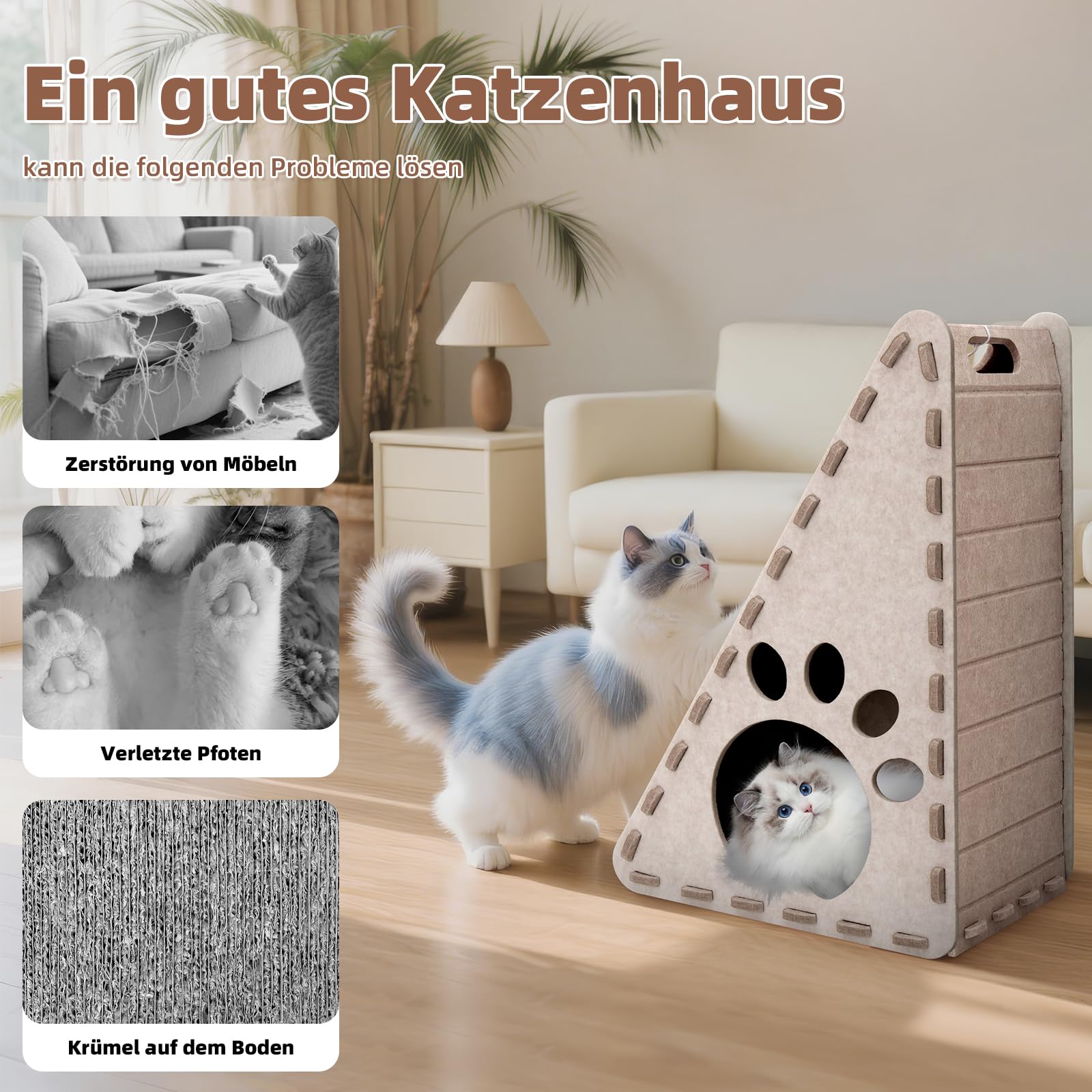 3 en 1 Rascador para gatos, rascar, jugar a descansar, fieltro triángulo casa de gato, fácil de limpiar (beige)