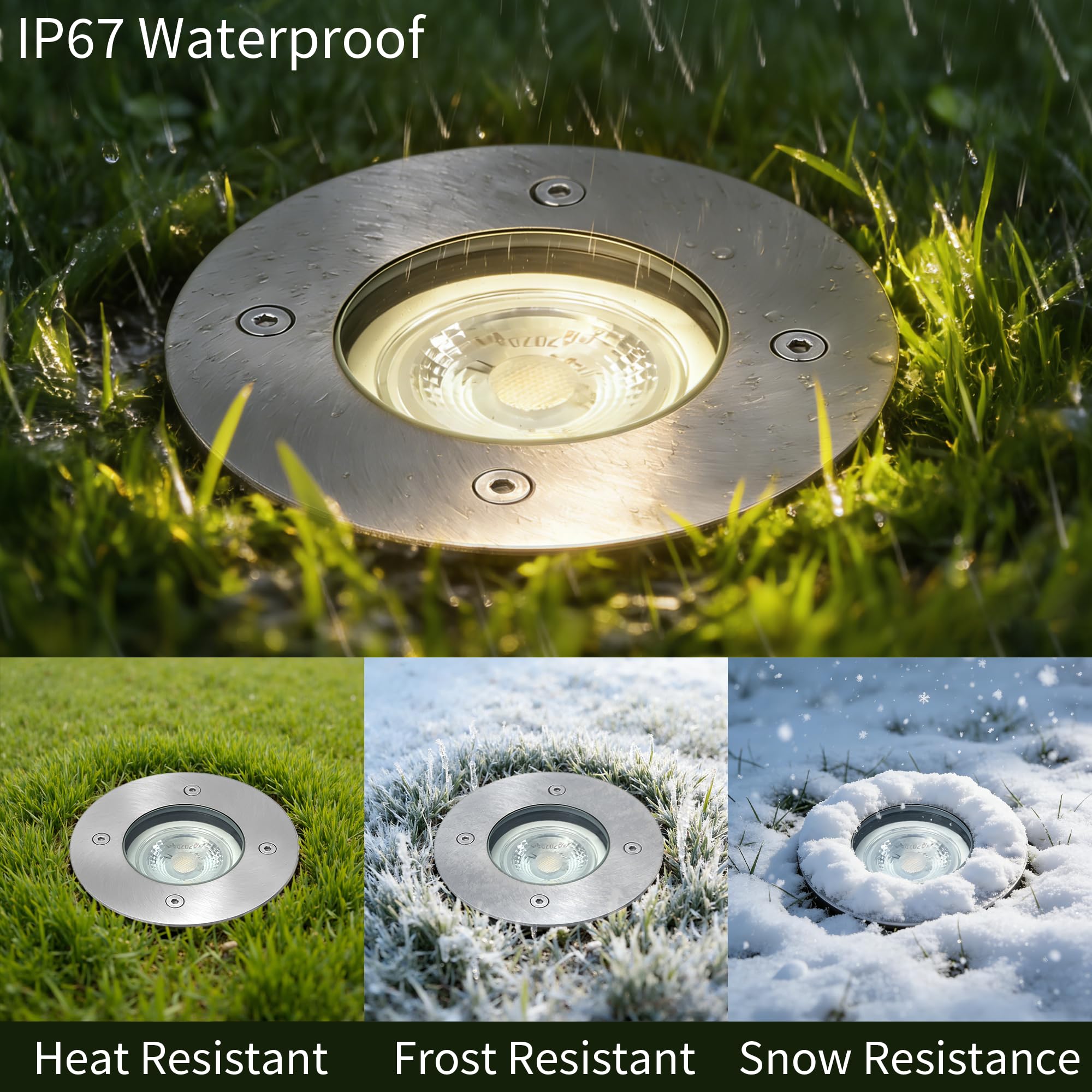 JNR Edelstahl Bodenstrahler Außen IP67 Wasserdicht 230V, Silber 8 Pack | Bodeneinbaustrahler Aussen mit 5W GU10 3000K Glühbirne, Rund Bodenleuchten Gartenbeleuchtung mit Strom