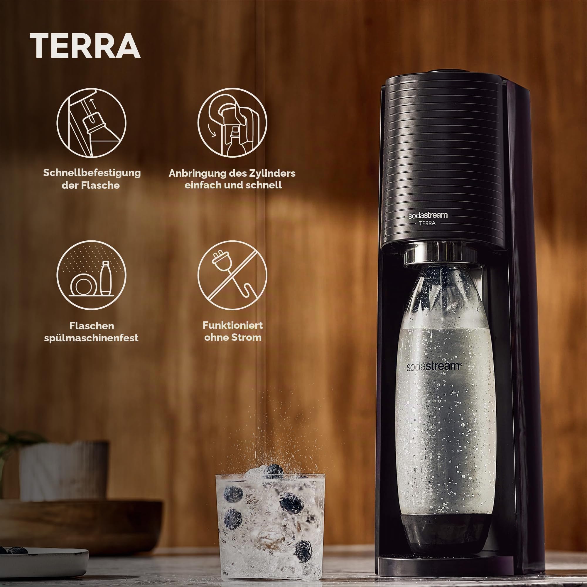 sodastream Wassersprudler Terra Black Value Pack x3 mit 2 1 l und 1 Flasche à 1/2 l spülmaschinenfest und 1 Quick Connect Zylinder, Acryl, Schwarze Erde
