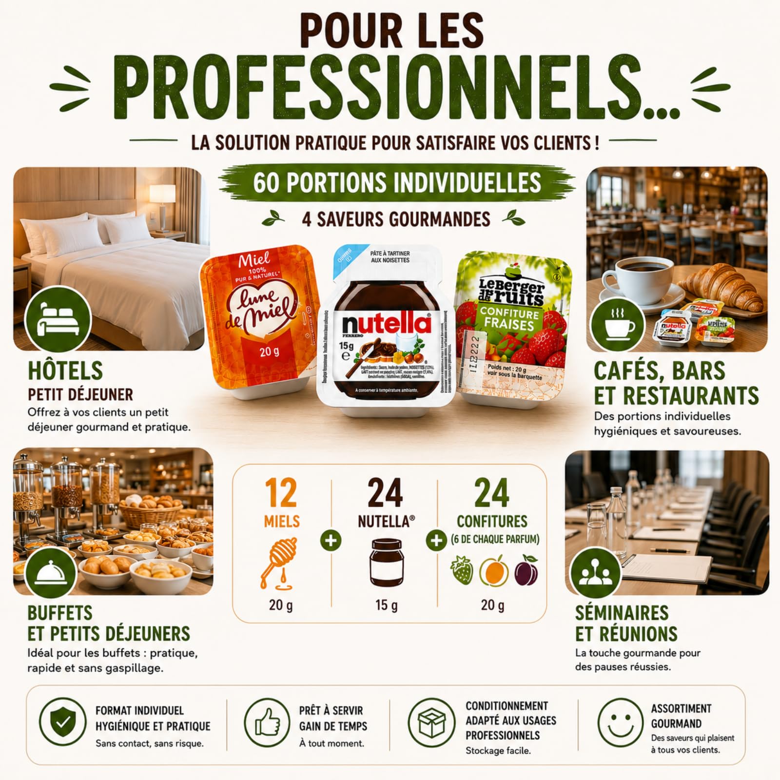 60 Barquettes LE BERGER DES FRUITS/NUT/LUNE DE MIEL | Assortiment de 12 Miel + 24 Pâtes à tartiner + 24 confitures assorties : Pêche, Fraise, Prune, Abricot en Portions Individuelles