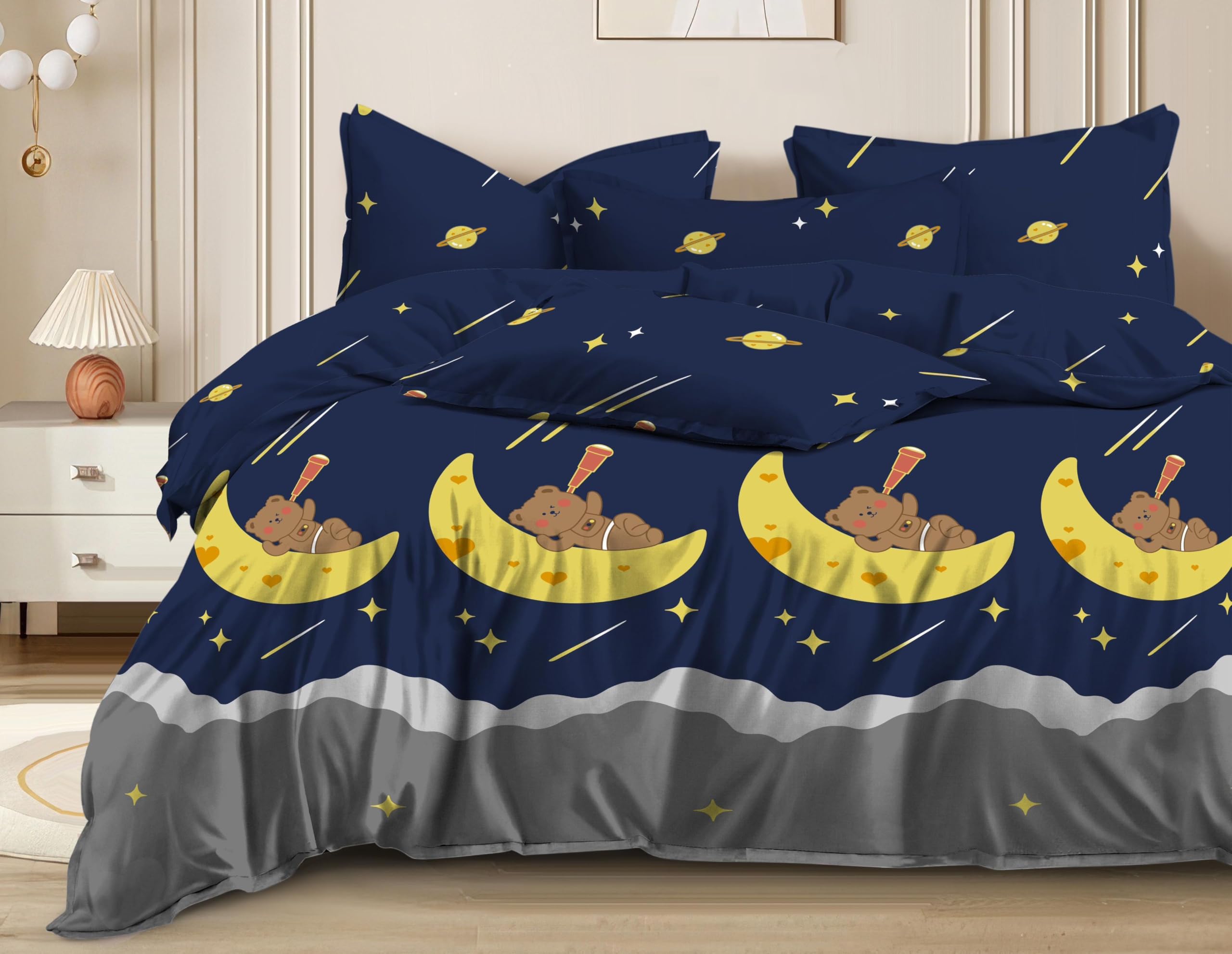 220 TC Glace Cotton Kids Cartoon Print Bed Sheets for Double Bed, 2 Pillow Cases - Teddy Bear-image-43