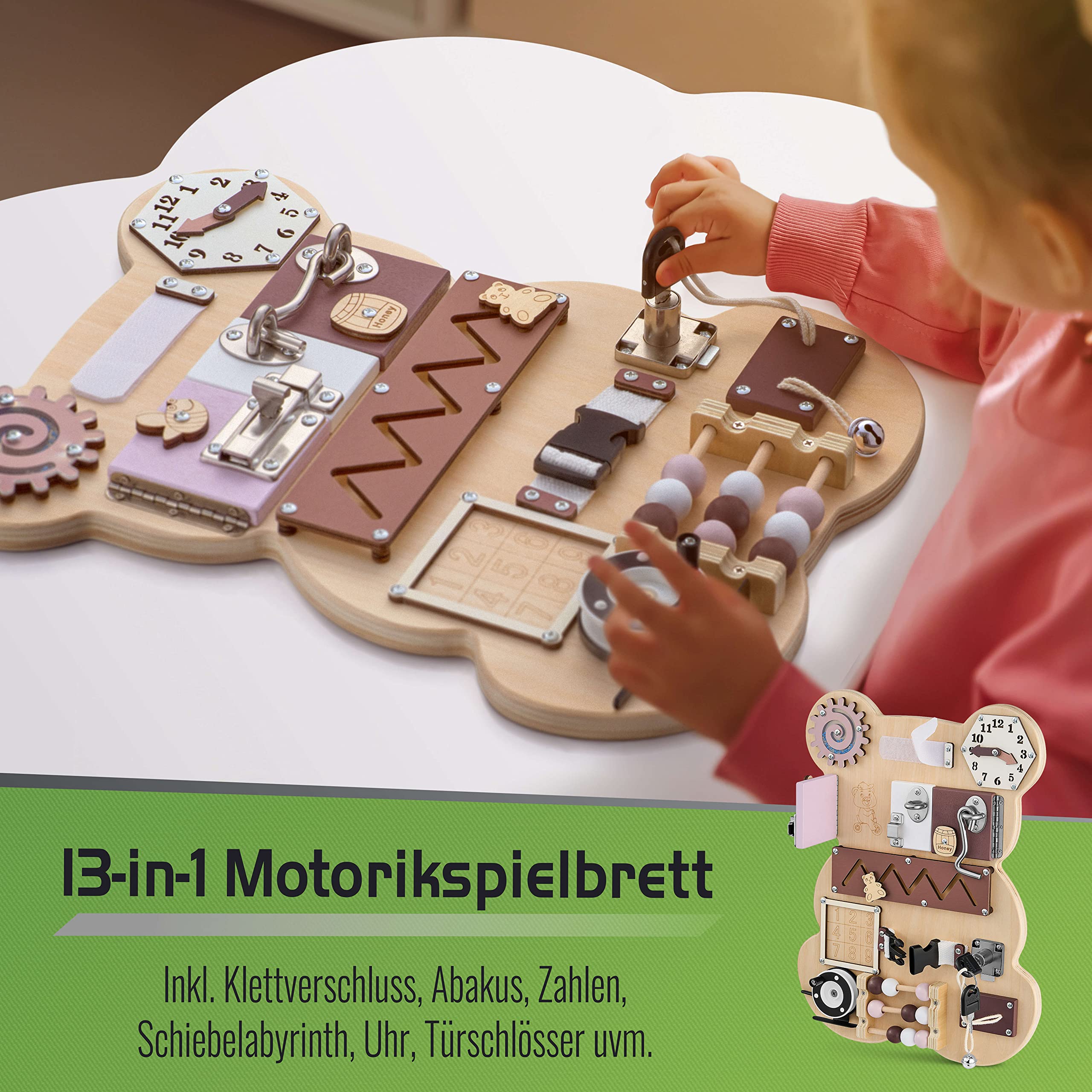 Balinco – Busy Board Holzspielzeug 13-in-1 – Montessori Spielzeug Activity Board – Sensorik- & Lernspielzeug in Bärenform – Interaktives Motorikbrett pädagogisch wertvoll