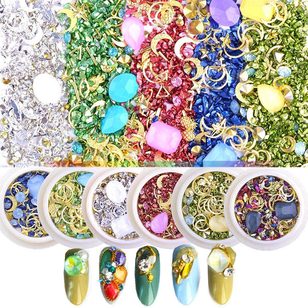 3D Nails Supply Studs Gold Nail Art Decorations Charms Metal Jewels 6 Wheels Mixed Metal Stars Moon Rivets Gem Colored Stones Set for DIY Decor Decorations Accessories