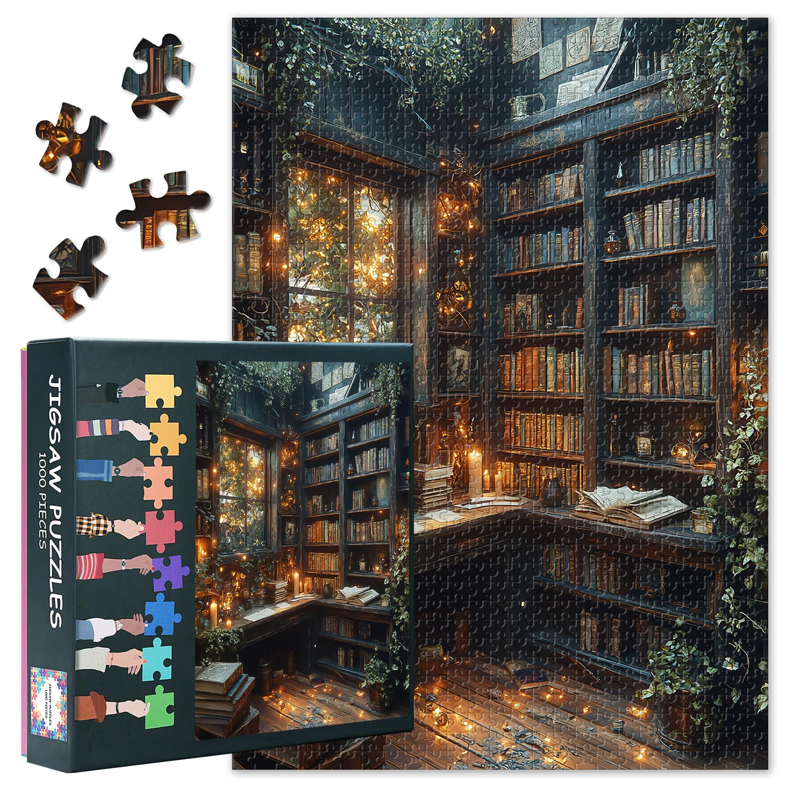 Cozy Library Interior with Books and Warm Lighting Mindful Puzzle for Adults – 1000-Piece Challenge Jigsaw Puzzles | Promotes Focus, Calm & Screen-Free Fun