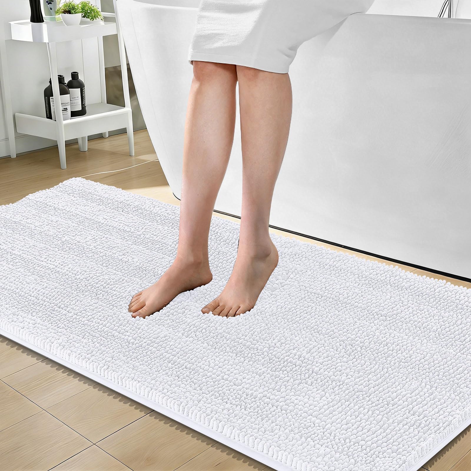 OLANLY Thick Bathroom Runner Rugs 59x24, Chenille Long Bath Rugs, White