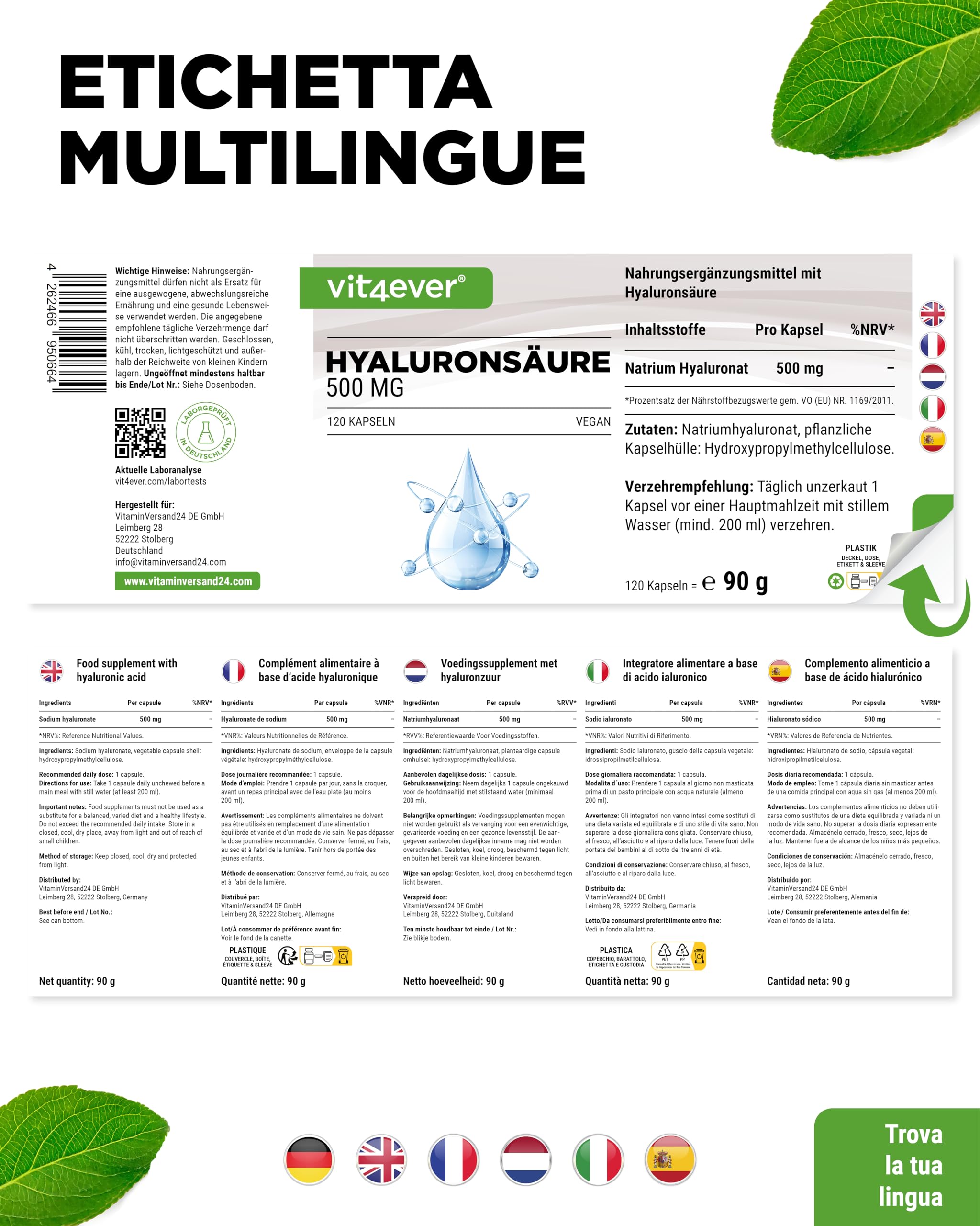 Acido ialuronico - 120 capsule con 500 mg di acido ialuronico per 4 mesi - 500-700 kDa - Da fermentazione vegetale - Senza additivi indesiderati, altamente dosato, vegano