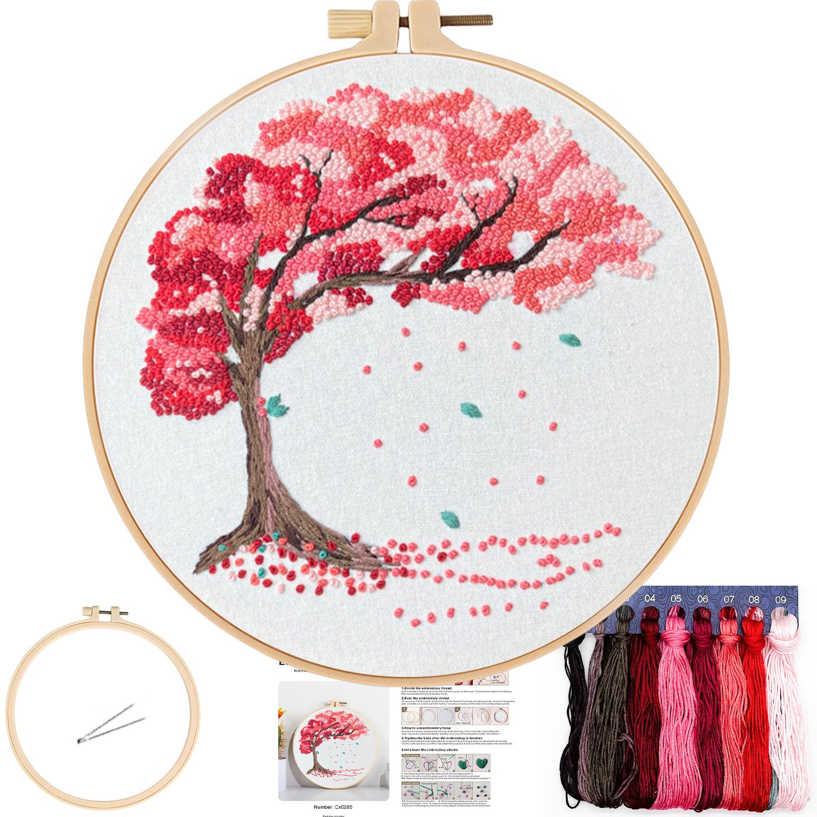 FONNUY Crewel Embroidery Kit for Beginners, Seasonal Tree Pre-Stamped Pattern Kits for Adults with Hoop, Easy to Follow Color Thread Needlework, 8'' (Pink)