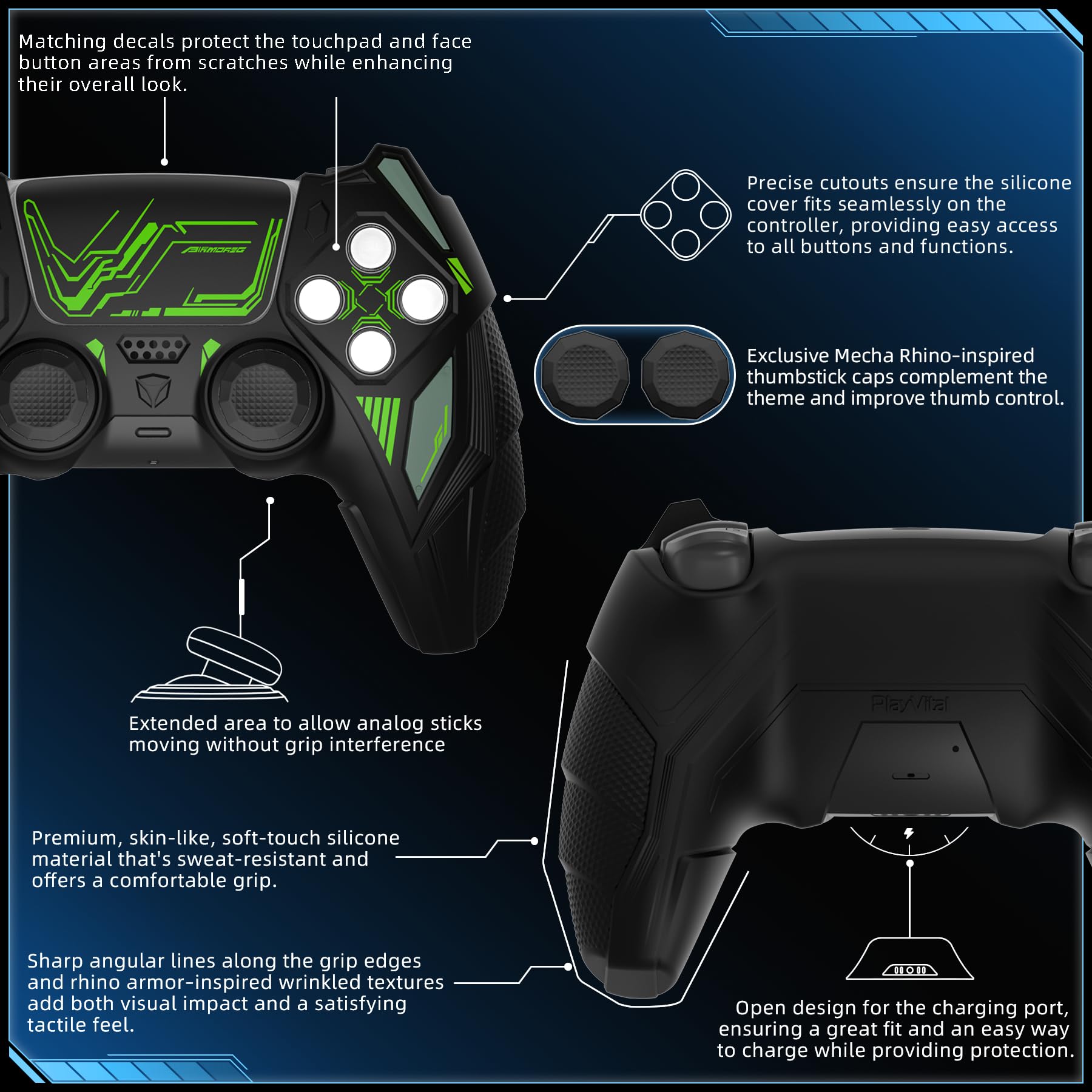 PlayVital Mecha Rhino Silikonhülle für PS5 Controller, Anti-Rutsch-Schutzhülle Case mit Thumb Grips und Aufklebern, Griffe Skin Zubehör für PS5 Wireless Controller Passend zur Ladestation-Schwarz&Grün