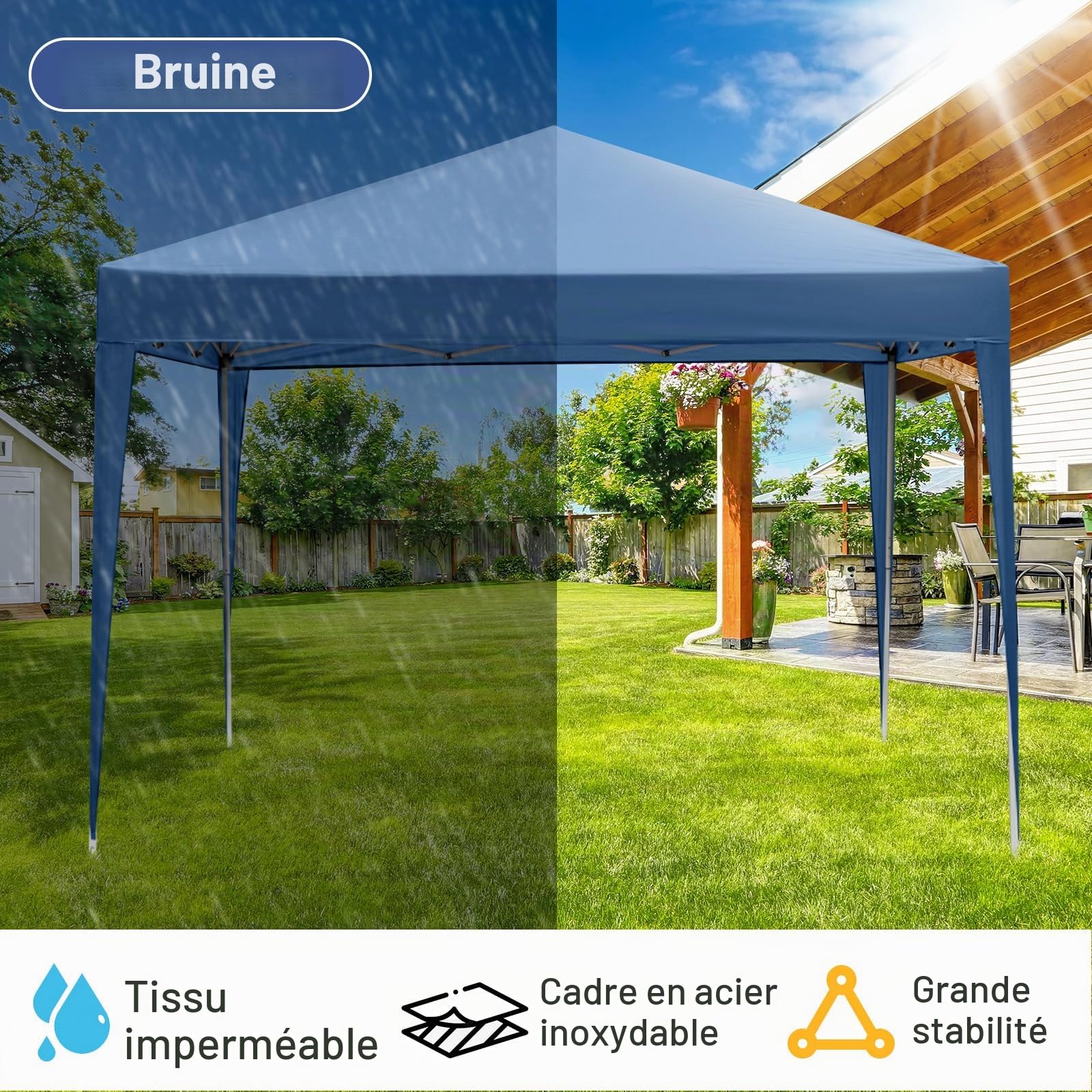 Tonnelle Pliante 3x3 m, Imperméable & Résistante,UV 50+ – Tissu Oxford 420D,Réglable en Hauteur,pour Jardin, Camping & Événements，Bleu