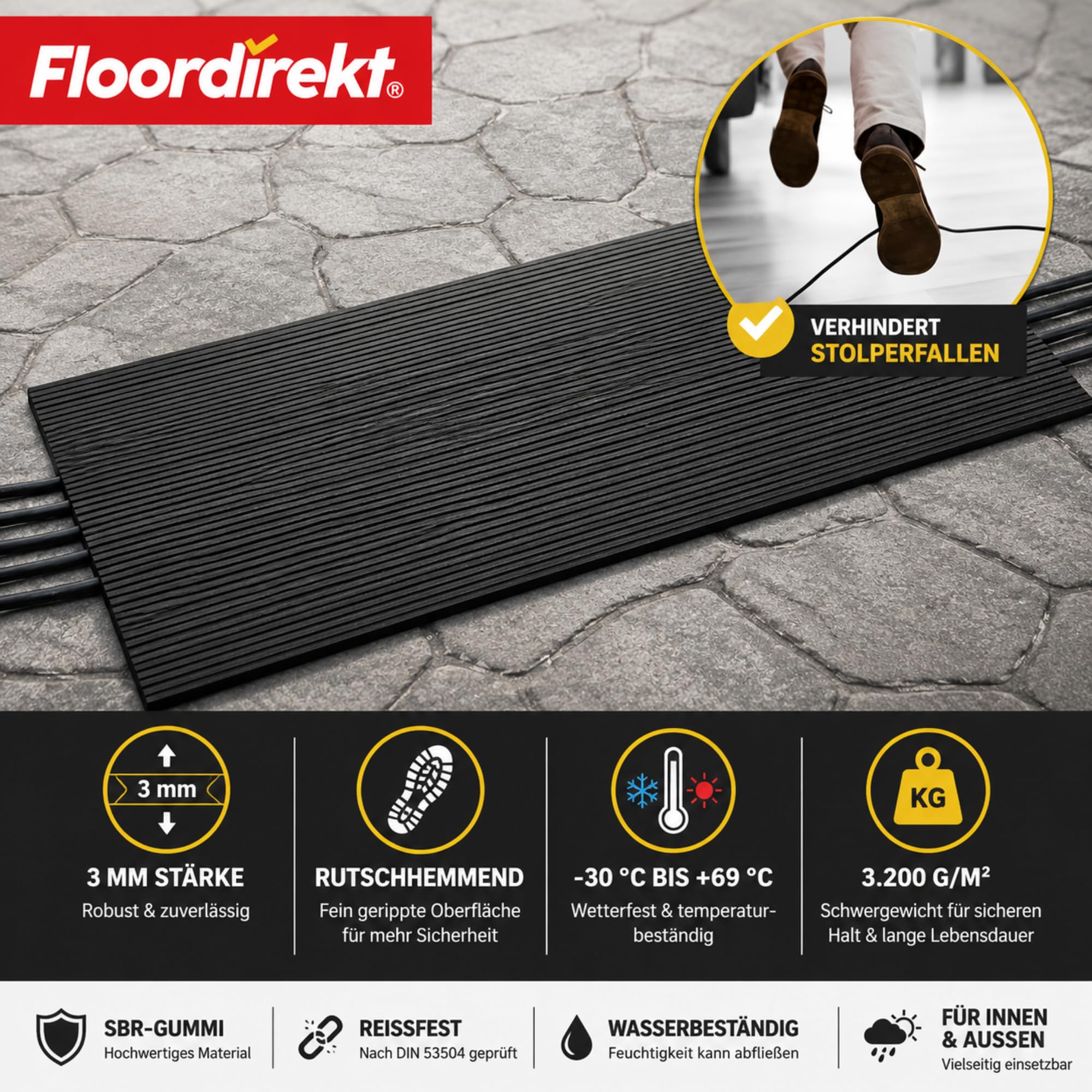 Floordirekt - Kabelschutzmatte 3 mm, Kabelmatte, Feinriefenmatte Kabelschutzmatte Outdoor kabelmatten Gummi (50cm, 5 Meter)