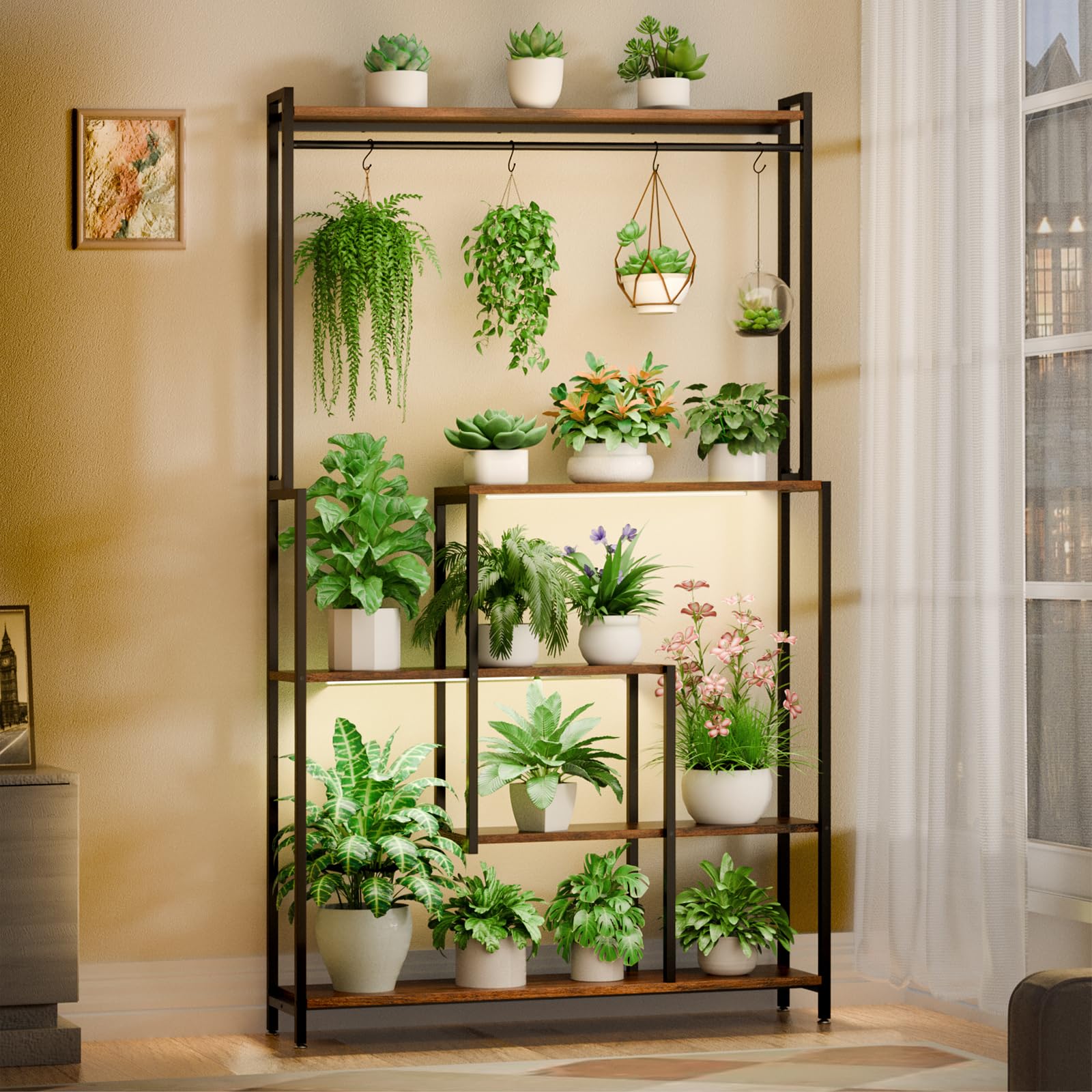 tall plant stand indoor with grow light - 72" metal plant shelf for indoor plants multiple, 5 tier flower pot holder stand, large square corner display rack for living room patio balcony