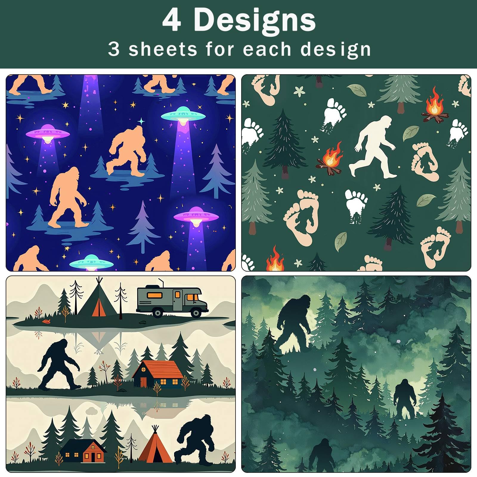Sasquatch zestaw 12 arkuszy papieru prezentowego dla dorosłych, z motywem kampera, lasu, kampera, urodzin, na zewnątrz, jako dekoracja na imprezę, 71 x 50 cm