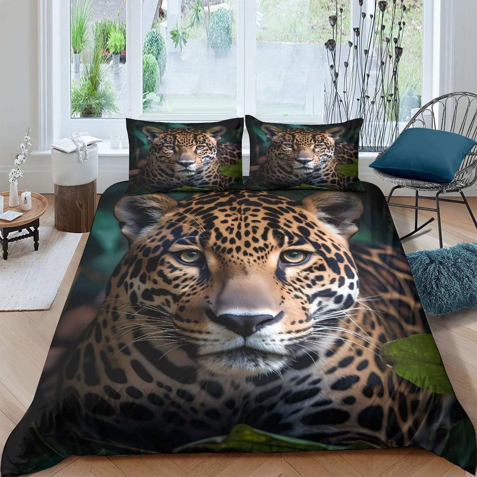 GPLZQXKJNH 3D Printed Wild Leopard Duvet Cover Microfiber Soft Breathable Jungle Animal Bedding Set with 2 Pillowcases for Bedroom Decor Single（135x200cm）