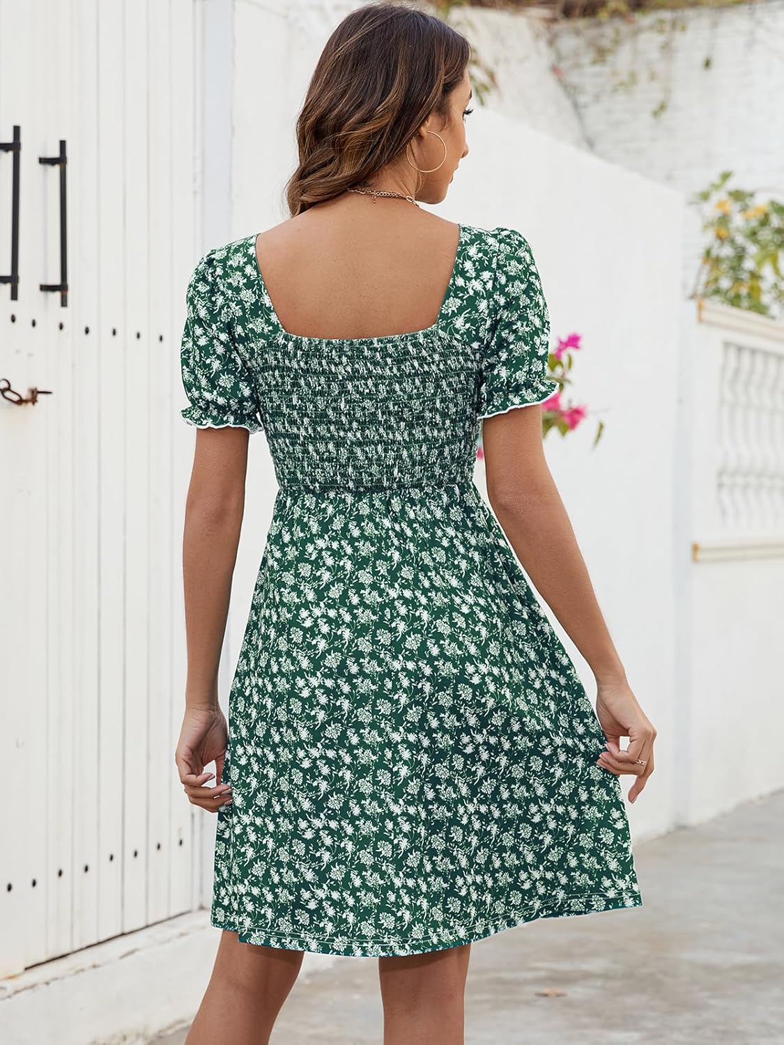 Naggoo Women's Summer Dresses Short Puff Sleeve Casual Square Neck Floral Print Smocked A Line Flowy Beach Sun Dresses - Image 5