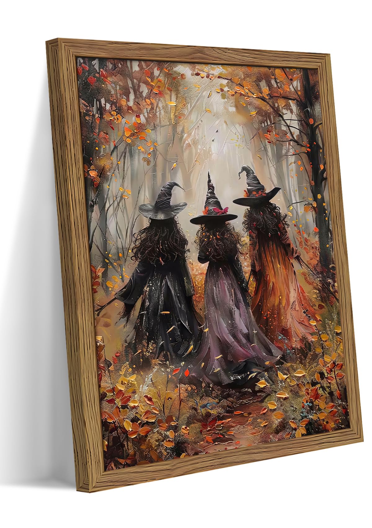 Vintage Halloween Witch Wall Art, Fall Forest Three Witches Canvas Wall Decor Painting, Dark Halloween Witch Artwork Prints Pictures for Living Room Bedroom 16x24 Inch Wood Framed