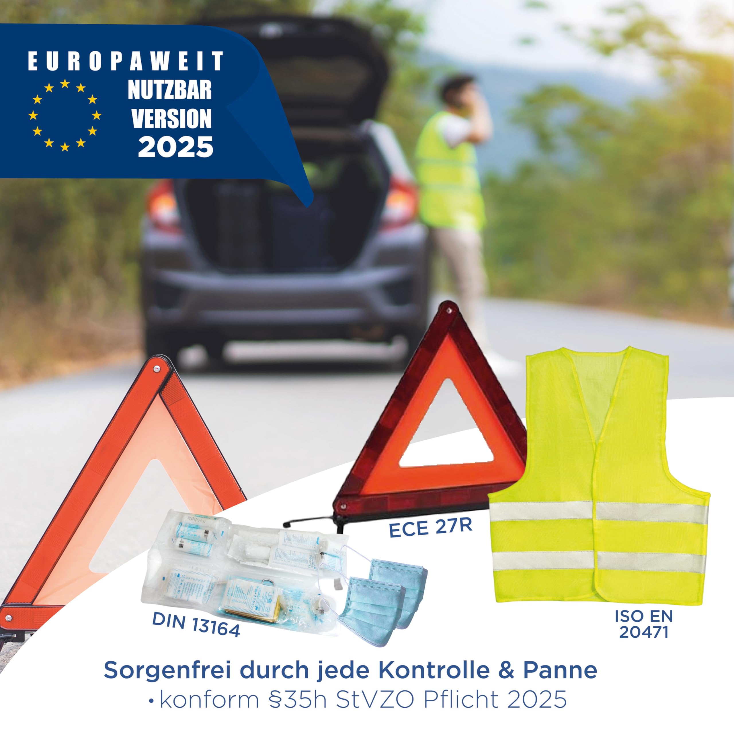 VZL Kit di pronto soccorso auto 2026 approvato TÜV, con triangolo di avvertimento e giubbotti di sicurezza auto – kit di pronto soccorso auto 2026 (blu)