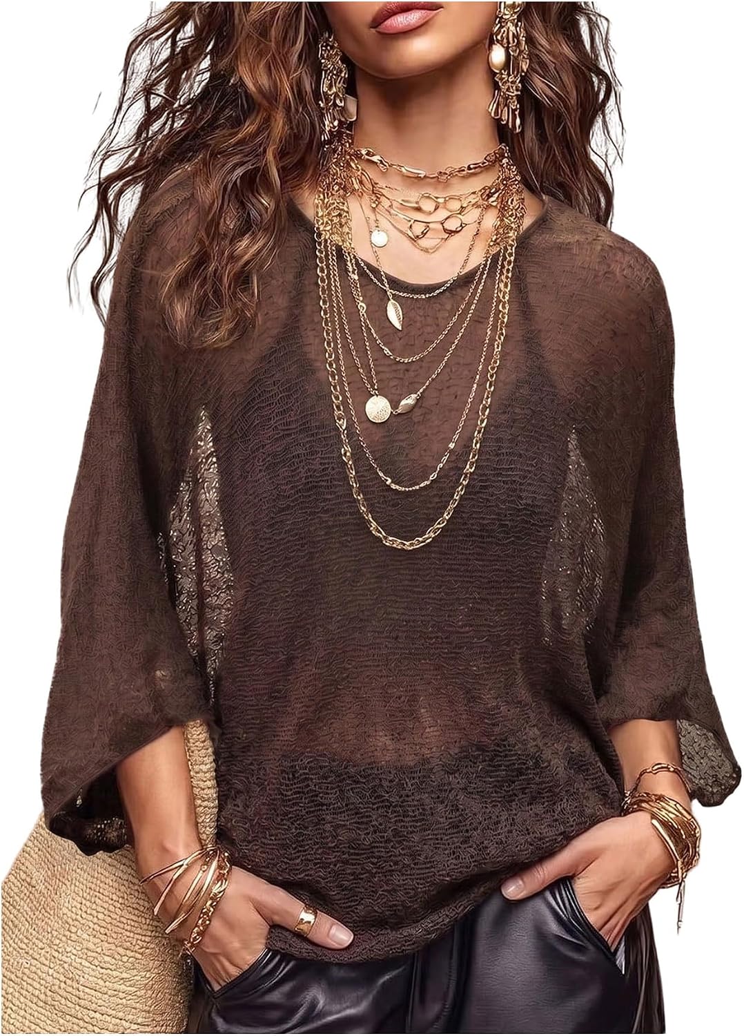 MakeMeChic Women's Boho Sheer Sweater Dolman Sleeve Crewneck Beach Knit Top
