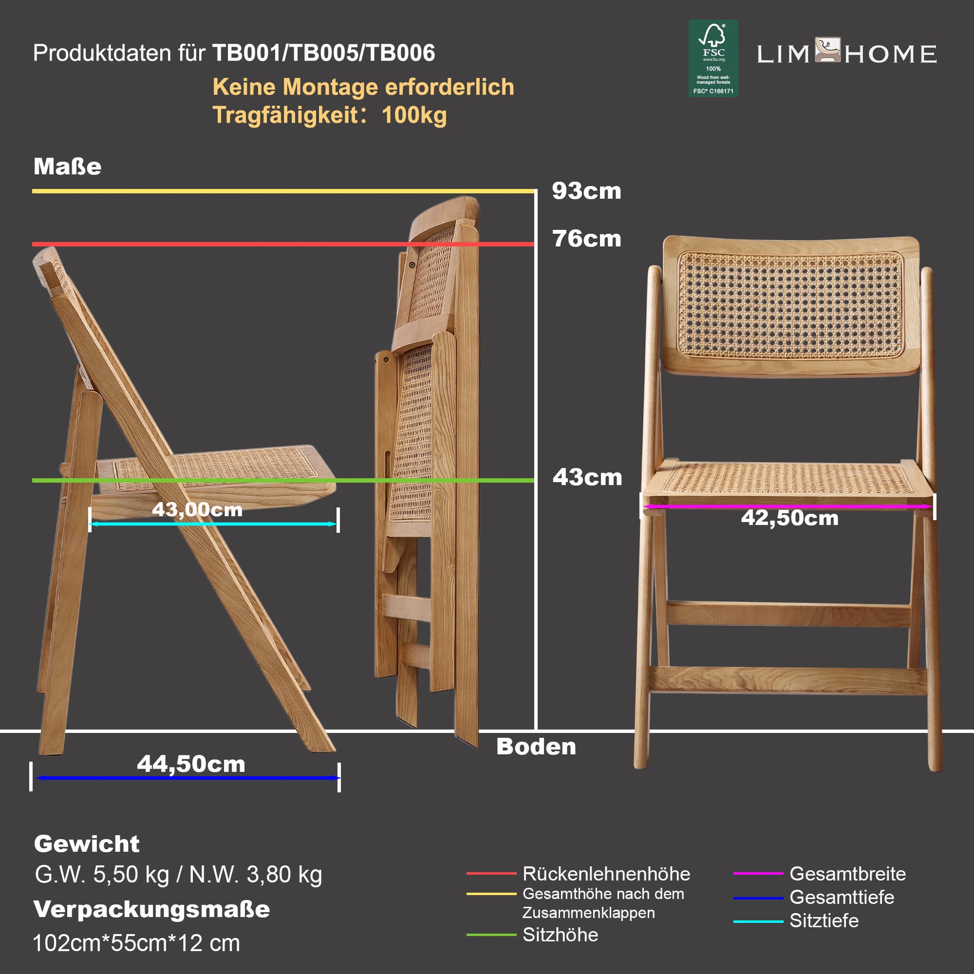 FSC® Klappstuhl aus Holz und Wiener Geflecht/Holzstuhl mit Rattan/Holzklappstuhl für Esszimmer/Campingstuhl| Natural Farbe