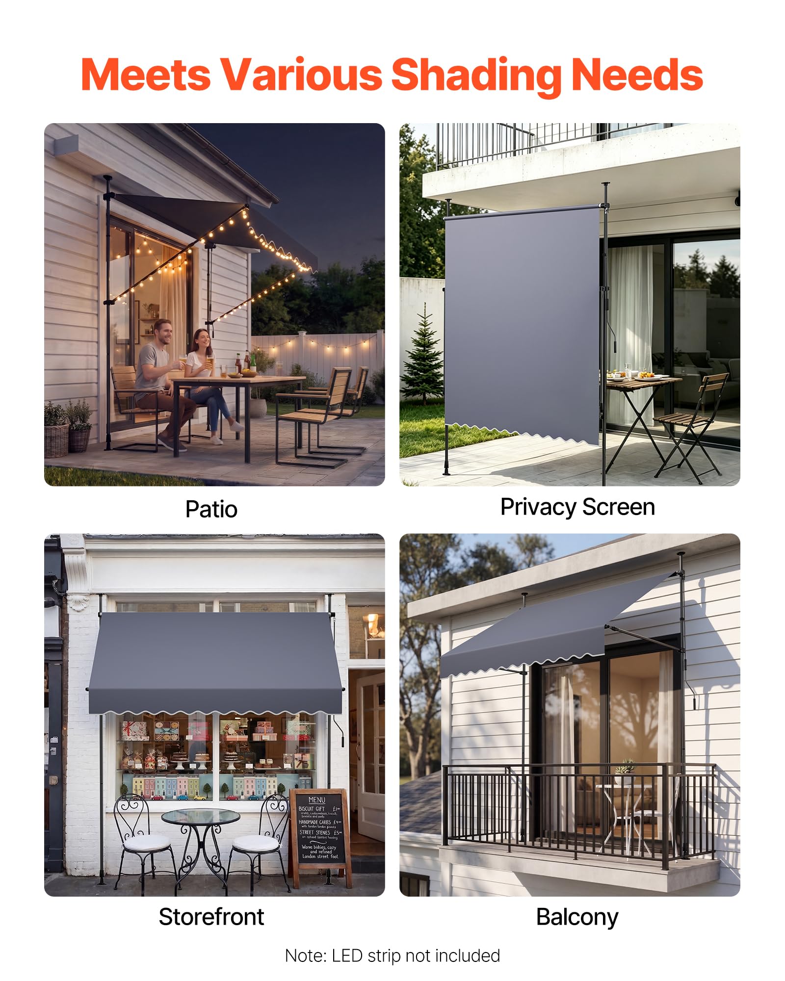 VEVOR Toldo Manual Retráctil 250 cm, Toldo Enrollable Exterior, Altura Ajustable, Protección Solar UV, Estructura de Aluminio, Manivela Articulada, Instalación sin Taladro, Parasol para Jardín Balcón