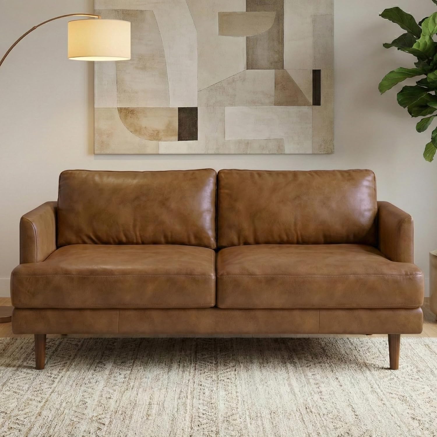 SIMPLIHOME Livingston Sofa - 76 inch Wide Top Grain Genuine Leather Sofa in Caramel Brown, Mid-Century Modern Loveseat for Living Room with Removable Feather-Wrapped Cushions and Solid Wood Frame