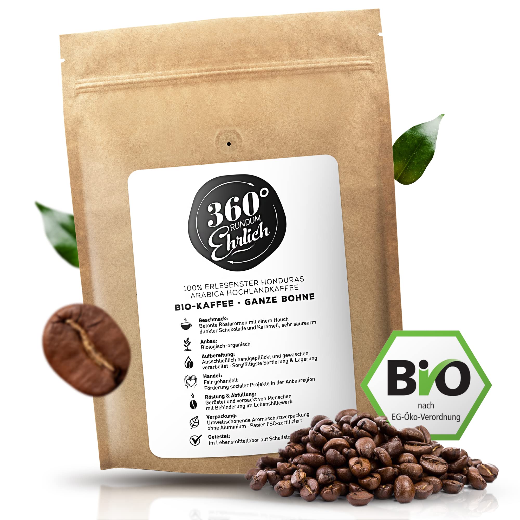 360° Bio Kaffeebohnen - Fair Trade Kaffee aus 100% Honduras Hochland Arabica ganze Bohnen – Köstlich, sehr säurearm - Ideal als Kaffeebohnen Vollautomat - 360° Rundum Ehrlich 250g
