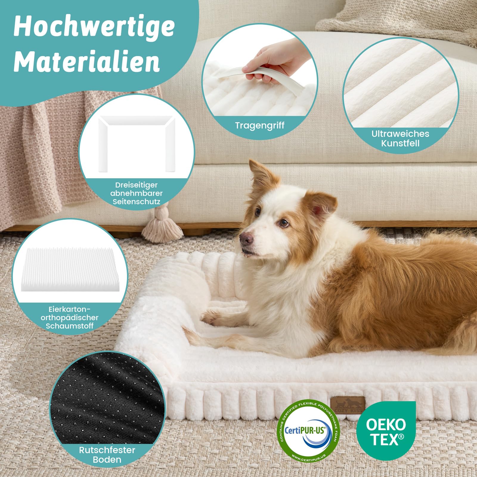 COZY KISS Orthopädisches Hundebett für Extra Große Hunde 110x80x17cm – Hundesofa mit Weichem Kunstfell & Cordbezug, Eierförmiger Kistenschaum, Ergonomischer Hundekorb, Abnehmbar & Waschbar, Creme, XL