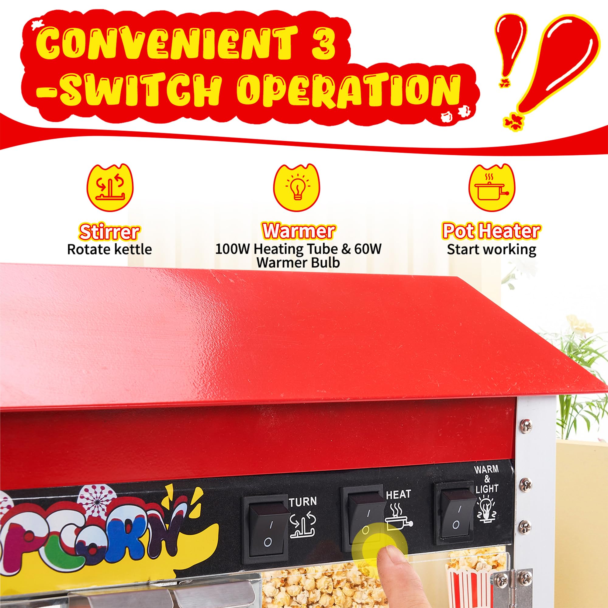 Machine à Popcorn Classique à Poser, Appareil à Pop-corn de Comptoir Électrique 1300 W, Il peut Produire 60 Tasses de Pop-corn à la fois, pour soirée cinéma