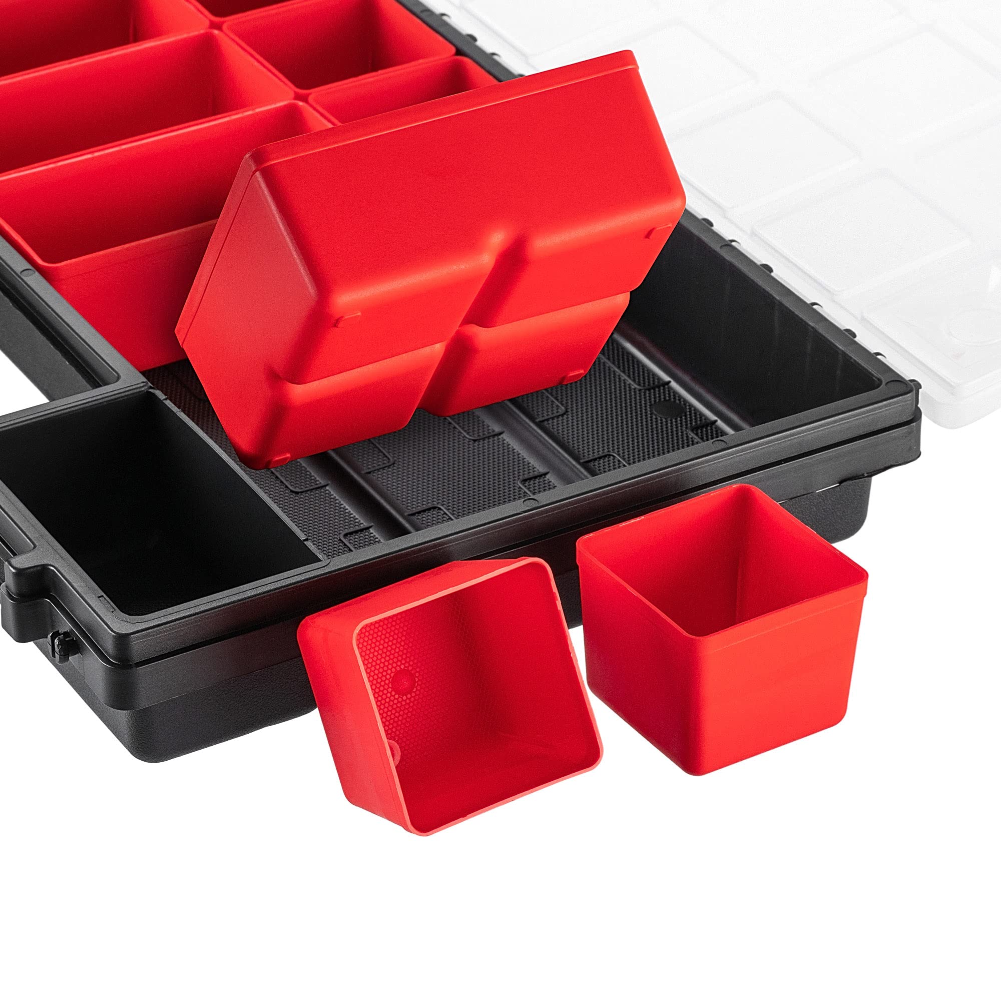 KADAX Organizer con Coperchio Trasparente – Cassetta Porta Minuteria a Scomparti per Viti, Bulloni, Ferramenta, Officina e Garage – Plastica Resistente (34 x 25 cm, 12 Pezzi)