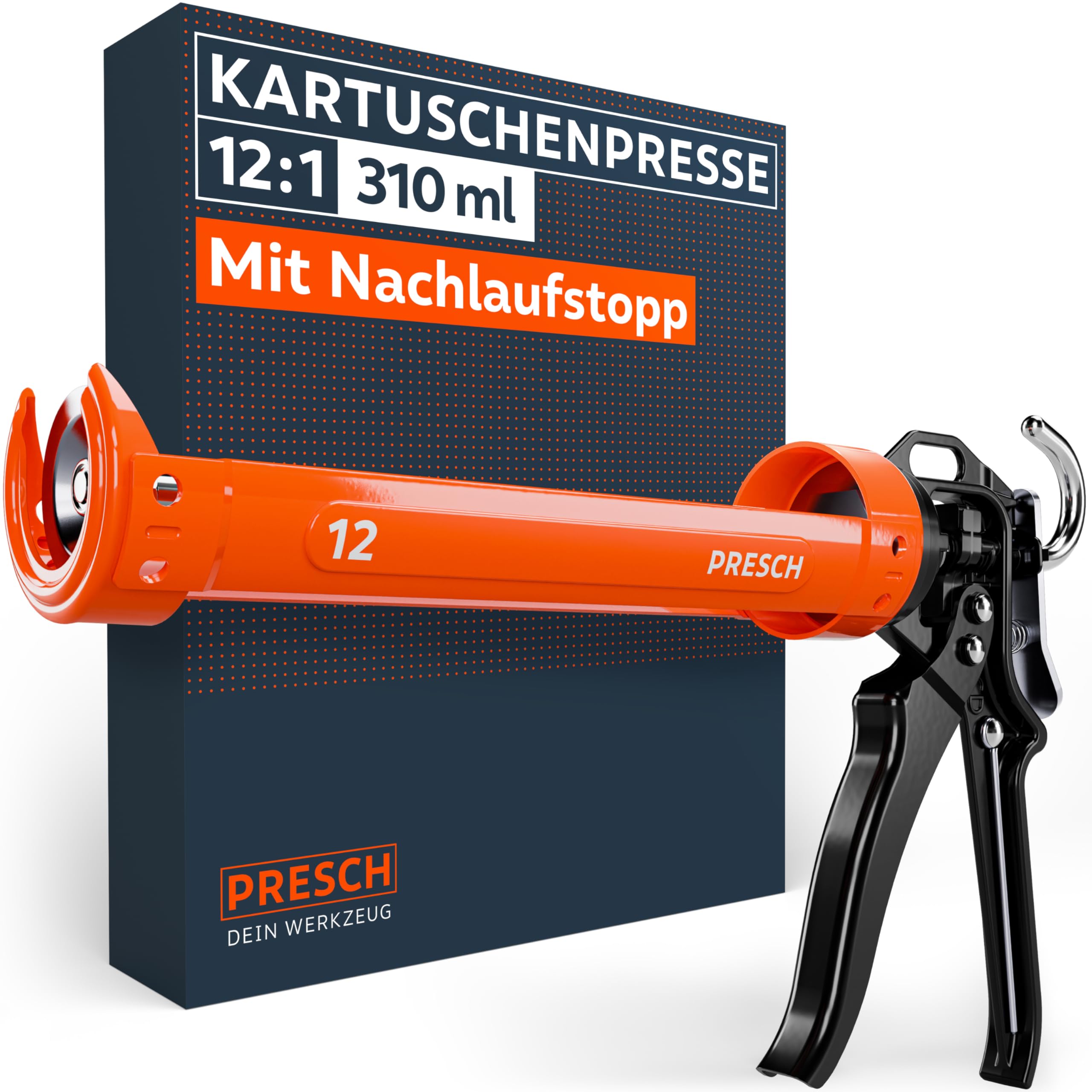 Presch Kartuschenpresse 12:1 Übersetzung & Nachlaufstopp - Silikonspritze für Kartuschen bis 310ml (Niedrige Viskosität, Acryl & Silikon) - Kartuschenpistole 360° drehbar inkl. Einstechwerkzeug