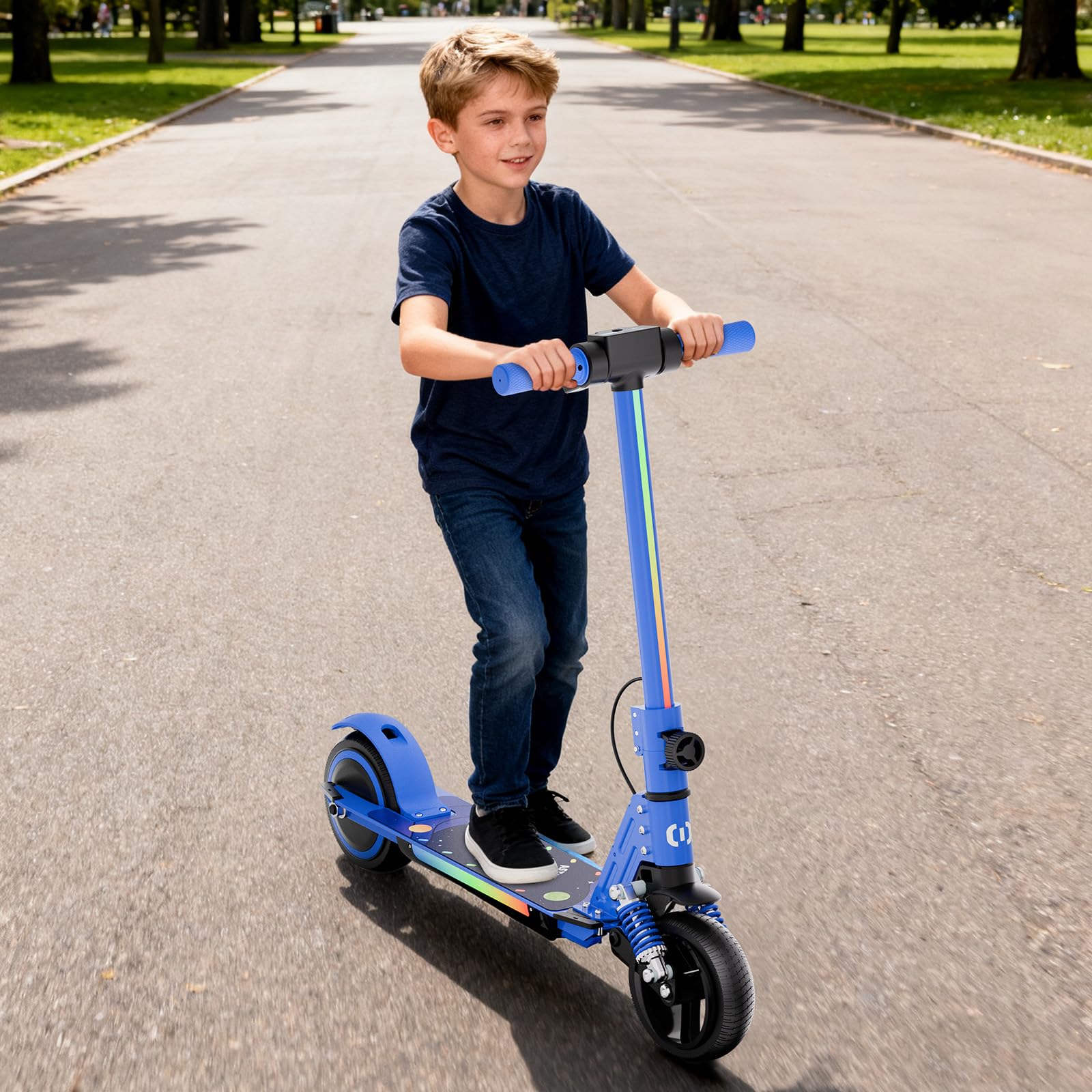 S5 Patín Eléctrico para Niños, Scooter Eléctrico Plegable con Luz LED, Llantas Todo Terreno de 6,5", Velocidad Máx. 14 km/h, para 6-14 Años, Azul
