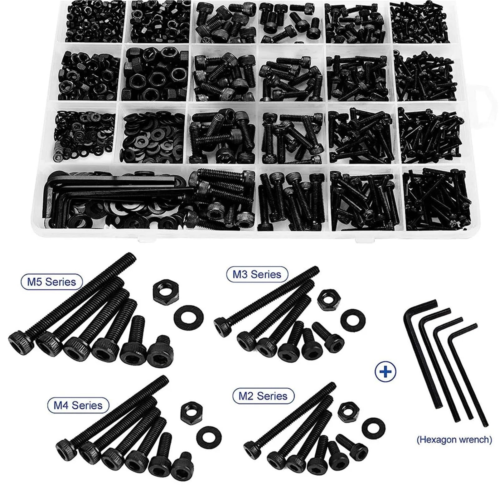 Juego de tornillos con cabeza hexagonal M2 M3 M4 M5 1060 Uds., redonda plana acero al carbono, Kit surtido pernos y tuercas caja almacenamiento para Electrónica(Round 1060pcs)