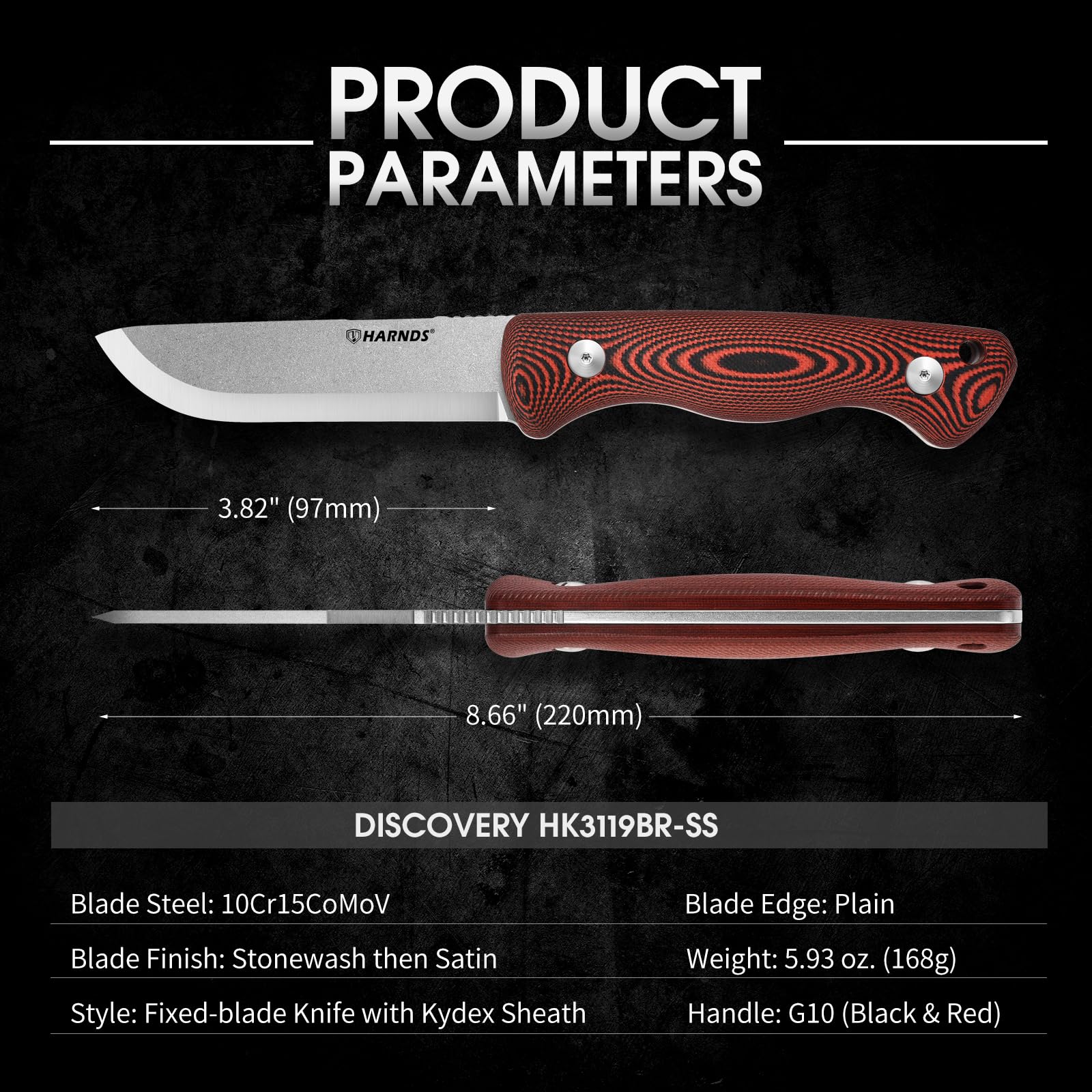 HARNDS Discovery Cuchillo de fijación de tono completo al aire libre en acero 10Cr15CoMoV con empuñadura G10 extraíble, carcasa ajustable, alisado escandinavo (negro-rojo)