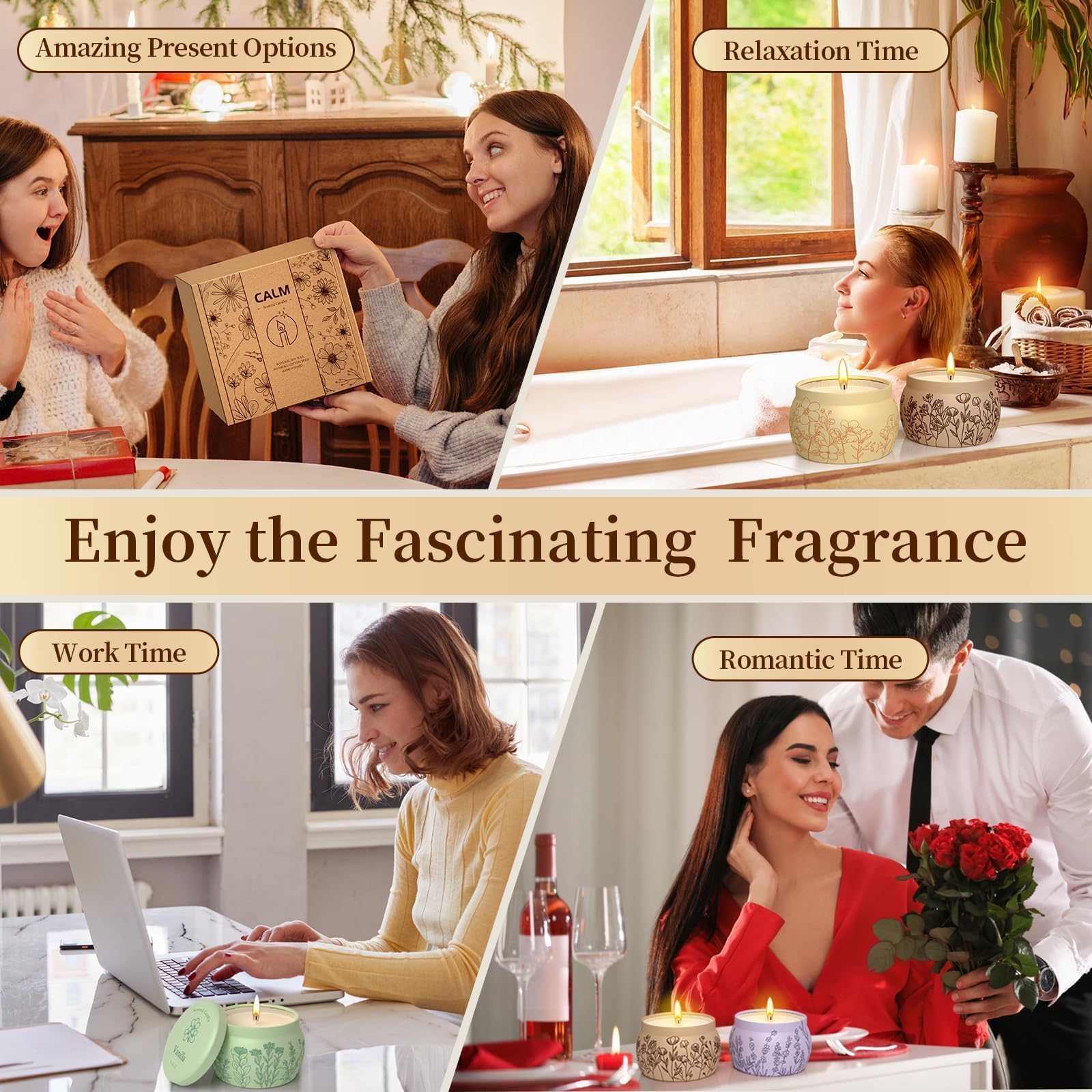 WarmEmbrace Duftkerzen für Frauen, 500 ml, romantische Kerzen für Frauen, Mädchen, Kerzen-Set, 120 Stunden Brenndauer, Soja-Kerzen für Zuhause, Lavendel, Vanille, Rose und Sandelholz, Jasmin, 4 Stück