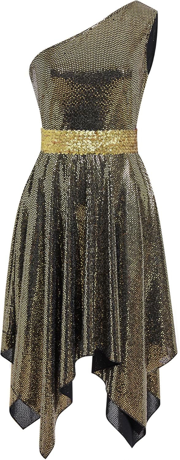 IBAKOM Women Sparkly Praise Dance Tunic Dress One Shoulder Gltter Sequins Worship Overlay Adult Church Liturgical Dancewear