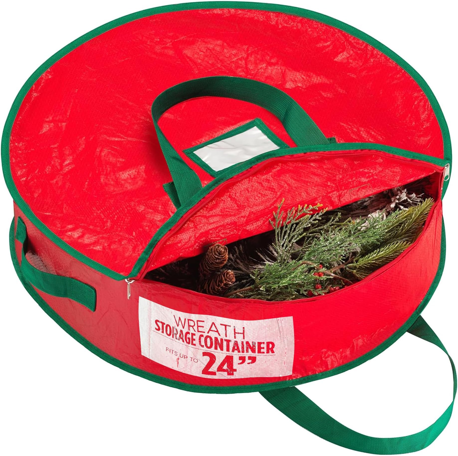 Handy Laundry Christmas Wreath Storage Bag 24 Inch – Durable Tarp Material Wreath Storage Container with Zipper & Sturdy Handles, Protects Holiday Decor from Dust & Pests, Fits Multiple Wreaths, Red