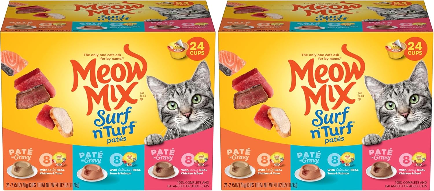Meow Mix Paté in Gravy Wet Cat Food Variety Pack, Surf n’ Turf Patés 2.75 Ounce (Pack of 48)