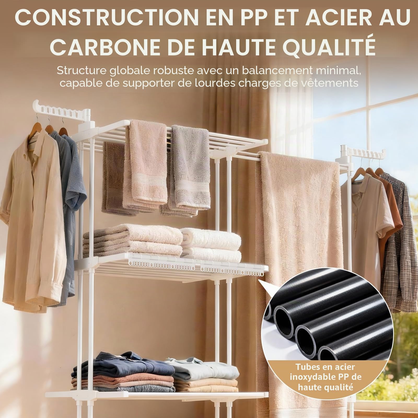 Étendoir à Linge 3 ÉTAGES Extensible & Pliable (66-130 CM) - Compact, 40 kg Capacité pour Petits Espaces,Blanc