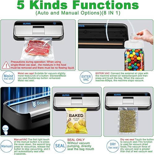 Miniatura 5 de Máquina selladora al vacío de alimentos (95 KPA), sellador al vacío de alimentos automático compacto con bolsas de vacío, luz indicadora LED, modos