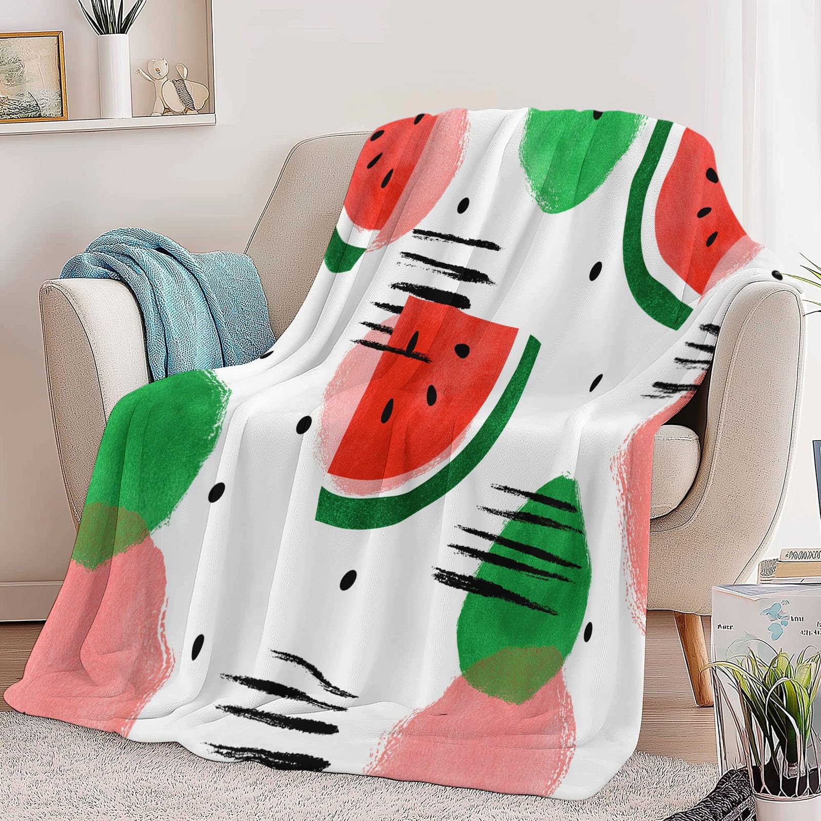 Manta Franela Estilo Minimalista Invierno Calentitas 220 x 240 cm, Suave y cálida Fruta Rayas De Sandía Lunares Estampado Manta de sofá para niñas niños Adultos sofá de Viaje