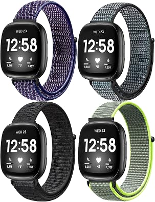 Sport Loop Nylon Band Compatible with Fitbit Versa 4/Fitbit Versa 3 Bands/Fitbit Sense 2/Fitbit Sense, Adjustable Rugged Velcro Replacement Wristband Strap for Men Women4 Pack
