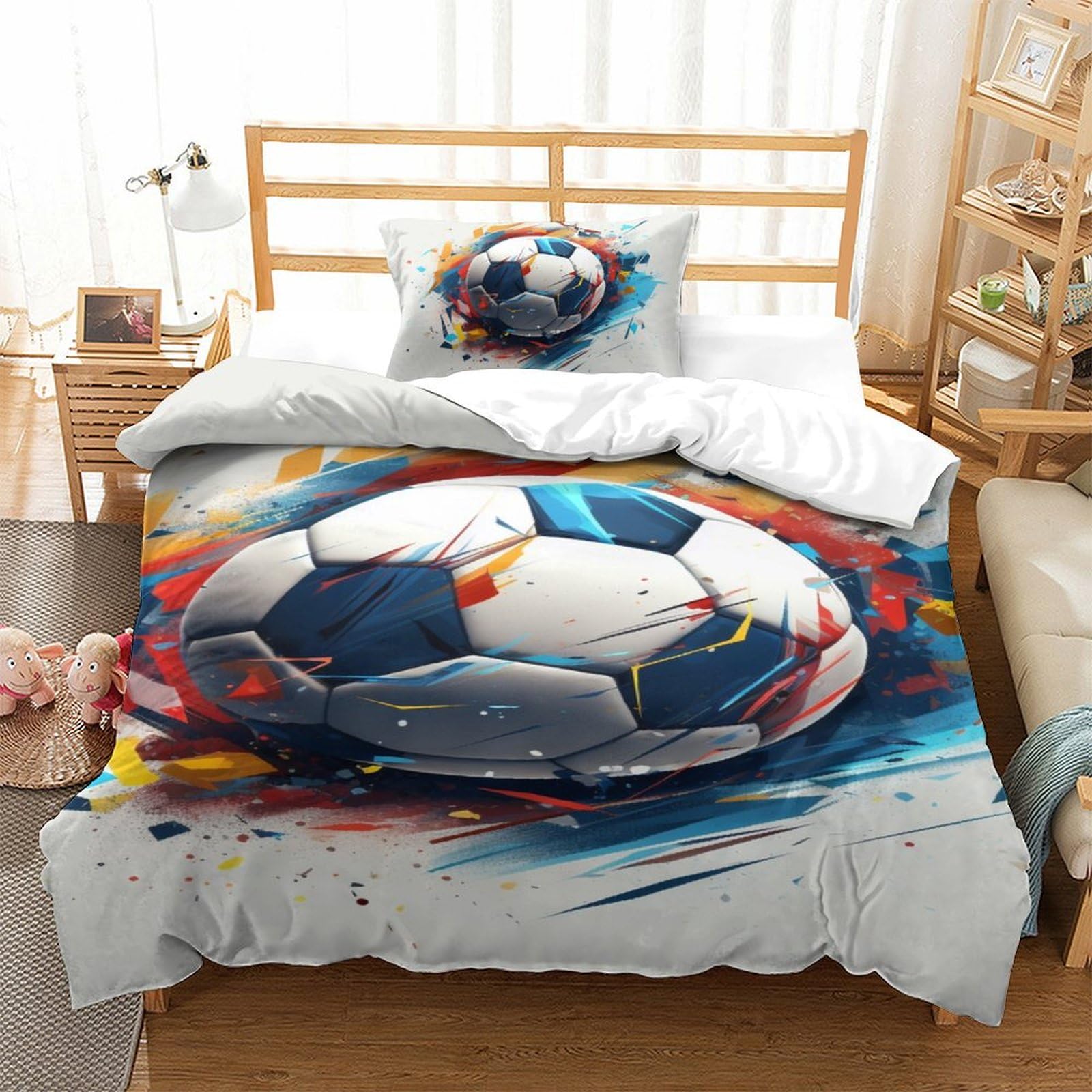 Juego De Ropa De Cama De 2 Piezas Juvenil Fútbol 3D Juegos De Fundas Nórdica con Cremallera para Funda Nórdica + Funda De Almohada Single（135x200cm）