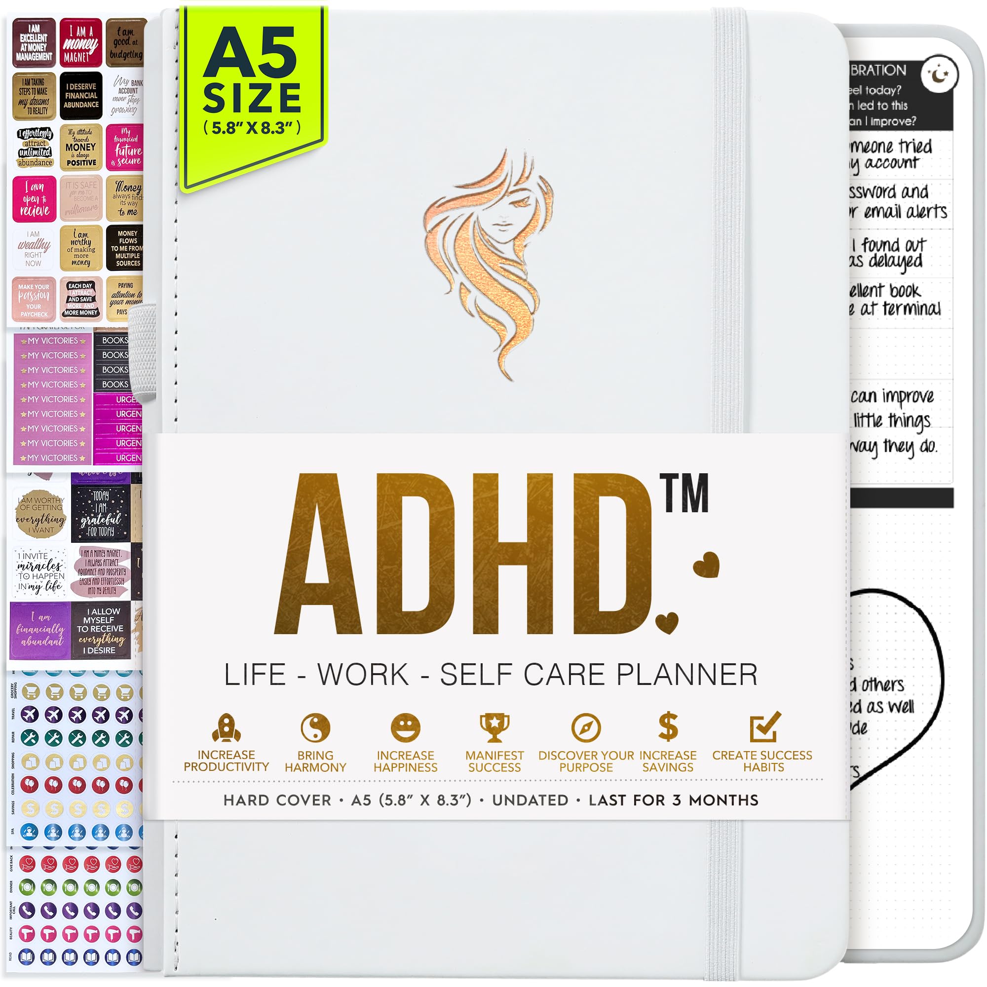 ADHD - A Self Care Personal Gratitude Journal to Increase Productivity and Success in Life & Work, Weekly & Monthly Undated Planner for Women and Men, Vision Board & Organizer + Stickers