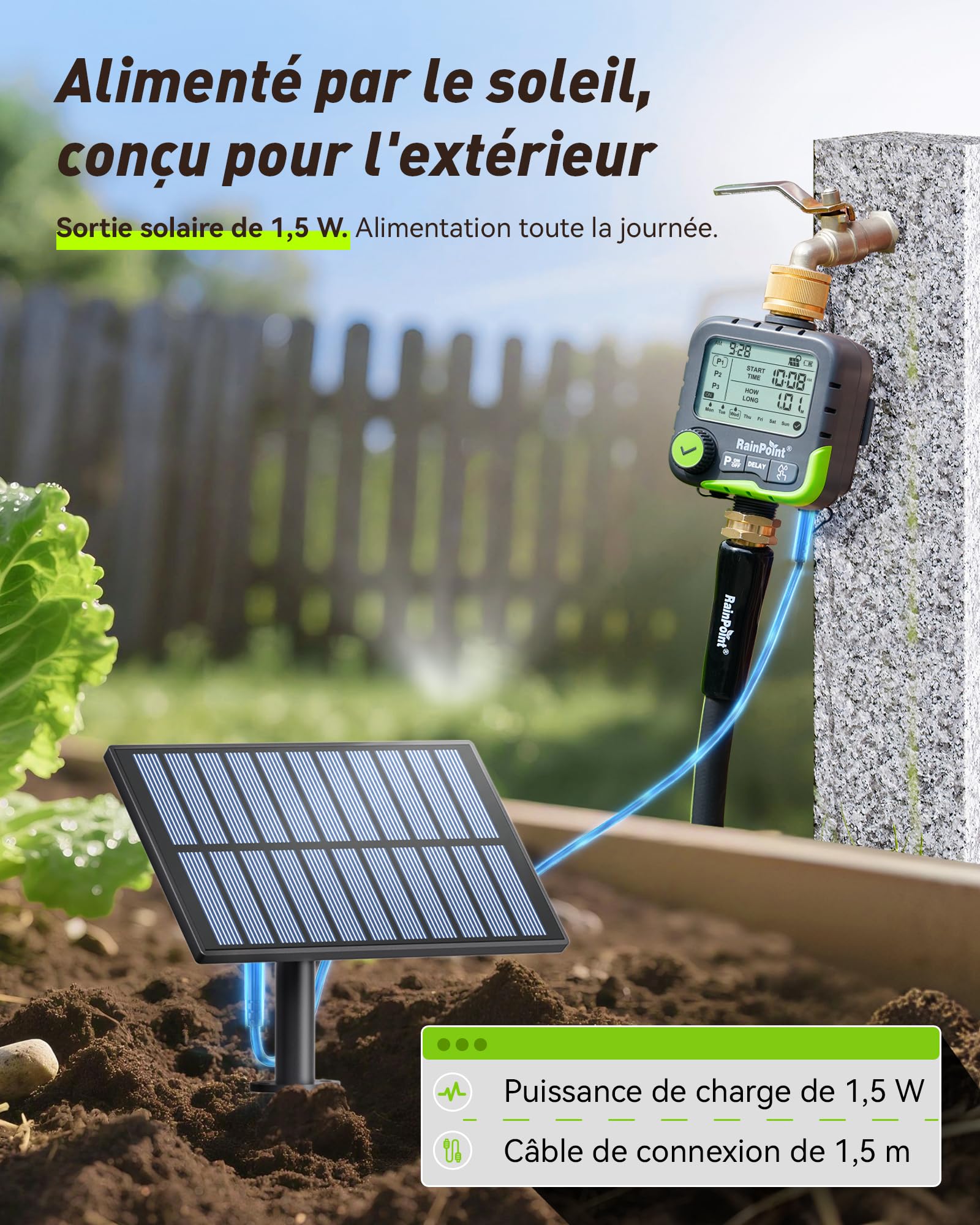 RAINPOINT ITV156 Kit d'arrosage solaire avec minuterie d'arrosage pour robinet de jardin et pelouse, avec panneau solaire et 2 piles AA, 3 programmes indépendants, charge solaire continue