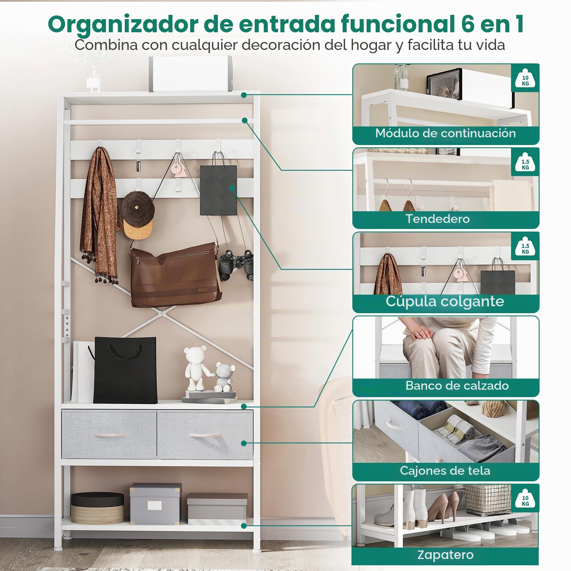 YITAHOME Perchero con almacenamiento de zapatos, árbol de pasillo de pie con banco y 2 cajones plegables, percheros industriales con 8 ganchos para pasillo, sala de estar, dormitorio, marco de metal