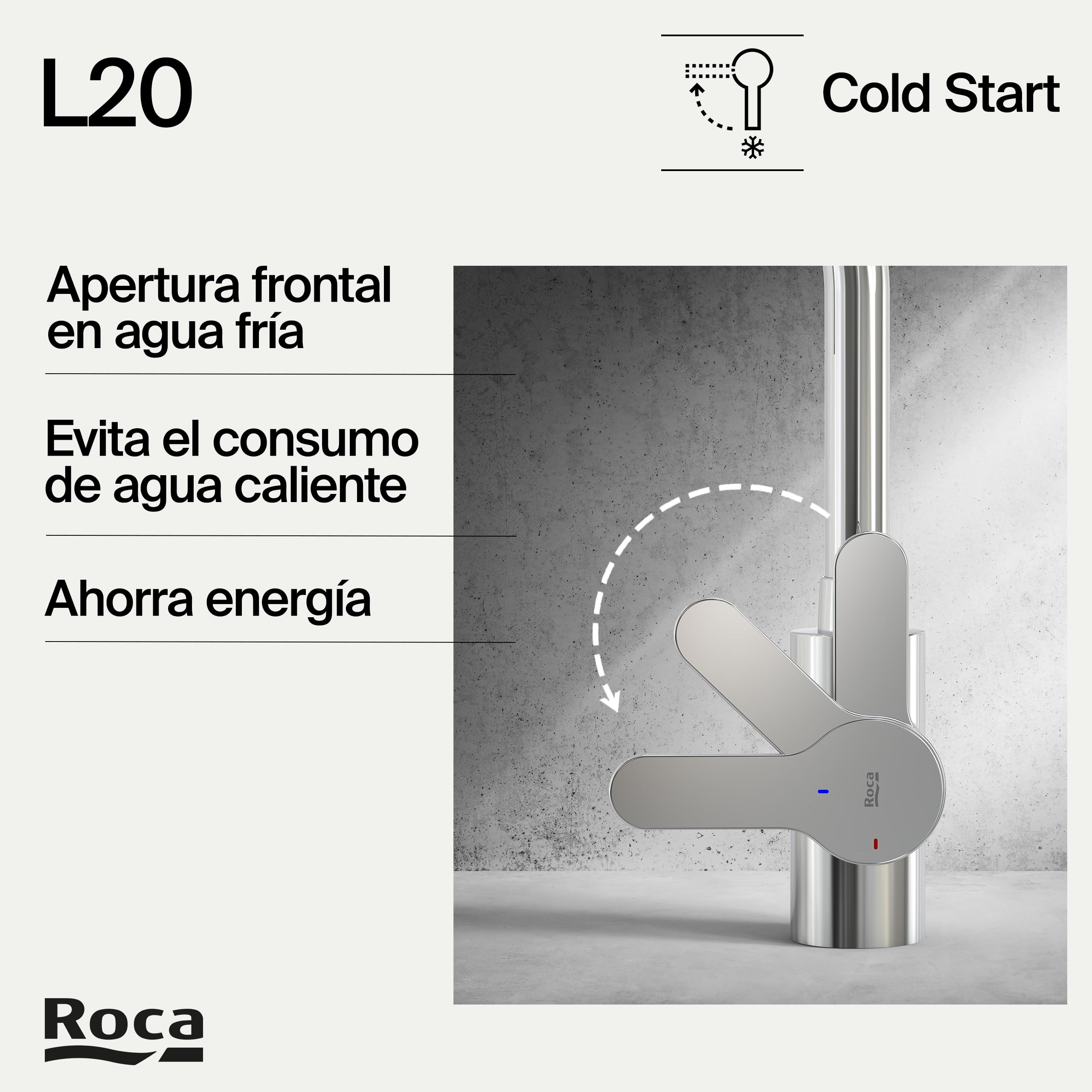 Roca,L20,Grifería monomando para cocina con caño giratorio, Cold Start,A5A8409C00