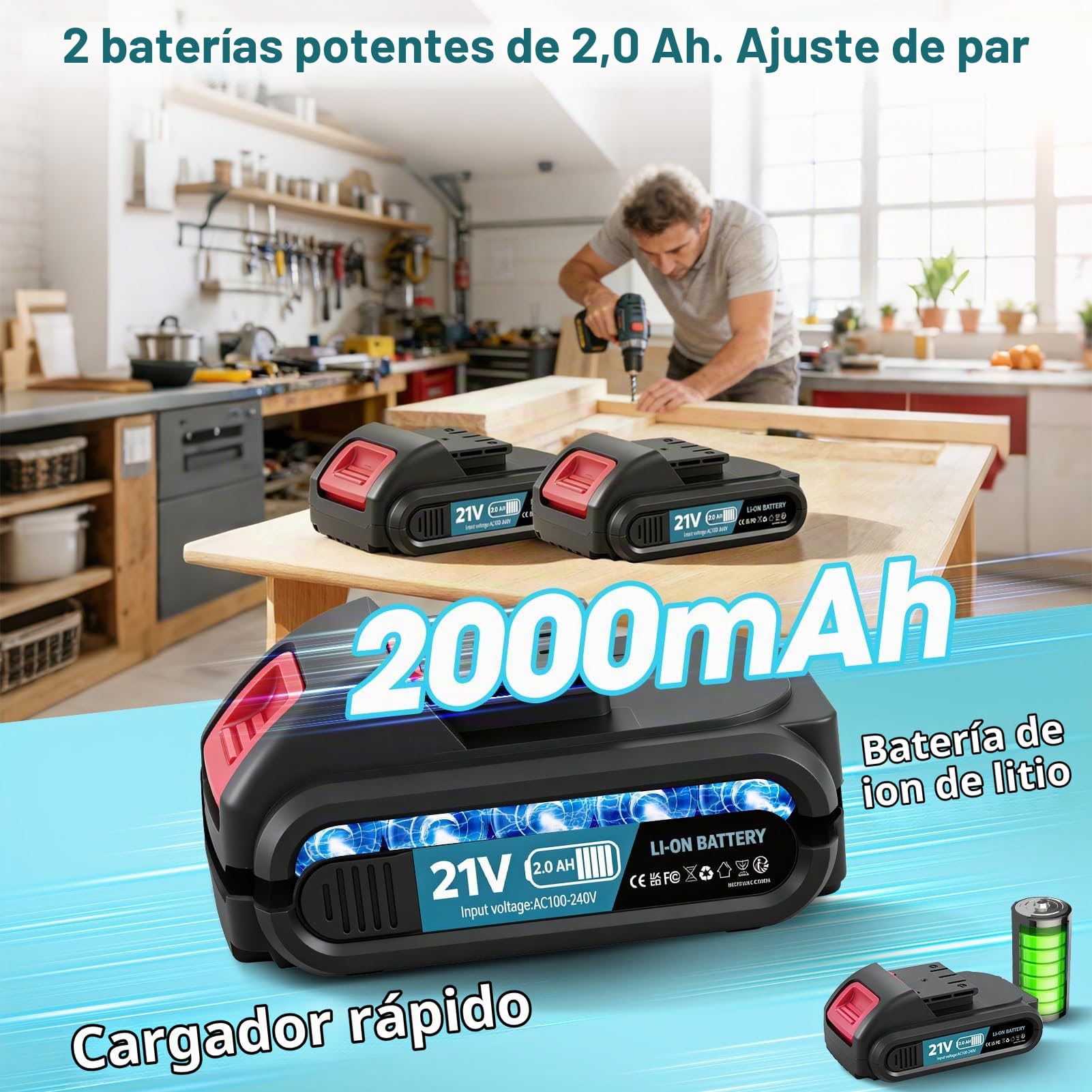 21V Destornillador Electrico, Taladro Percutor a Bateria con Batería 2000mAh, 25+3 Ajustes Par Máx 50Nm con 2 Baterías y Cargador Rápido, para Jardín Hogar y Bricolaje