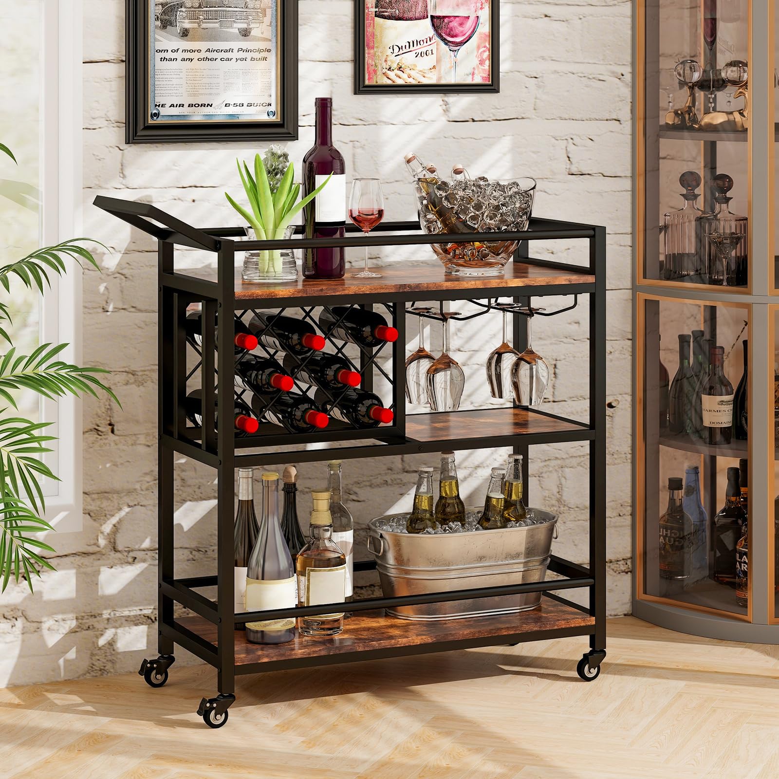 3-tier Serving Cart LOKO 3-Tier Rolling Bar Cart - Industrial Serving ...