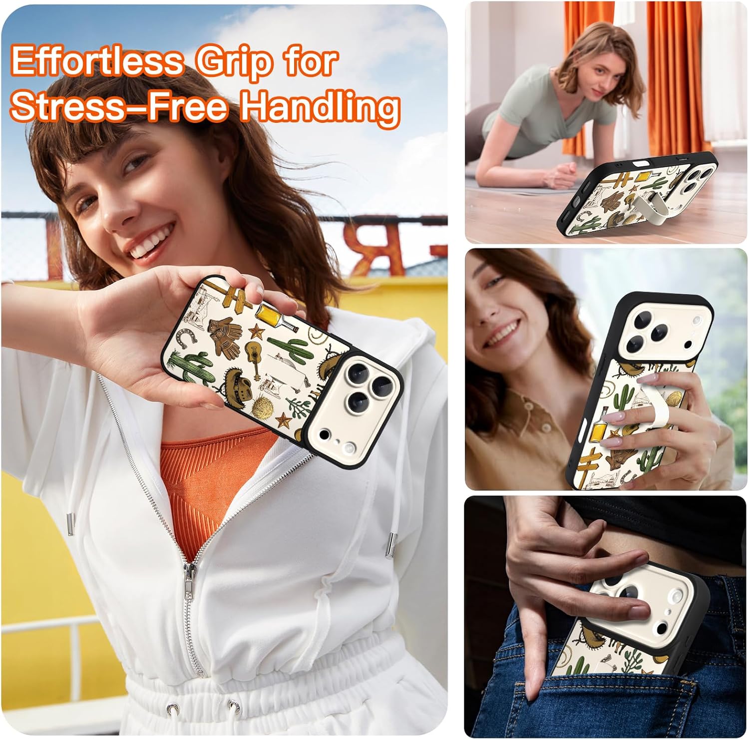 Designed for iPhone 17 Pro Max Case with Finger Strap Kickstand, Western Country Cowboy Print with Finger Hand for Women Men Full Camera Protection Shockproof Protective Cover, White - Image 5